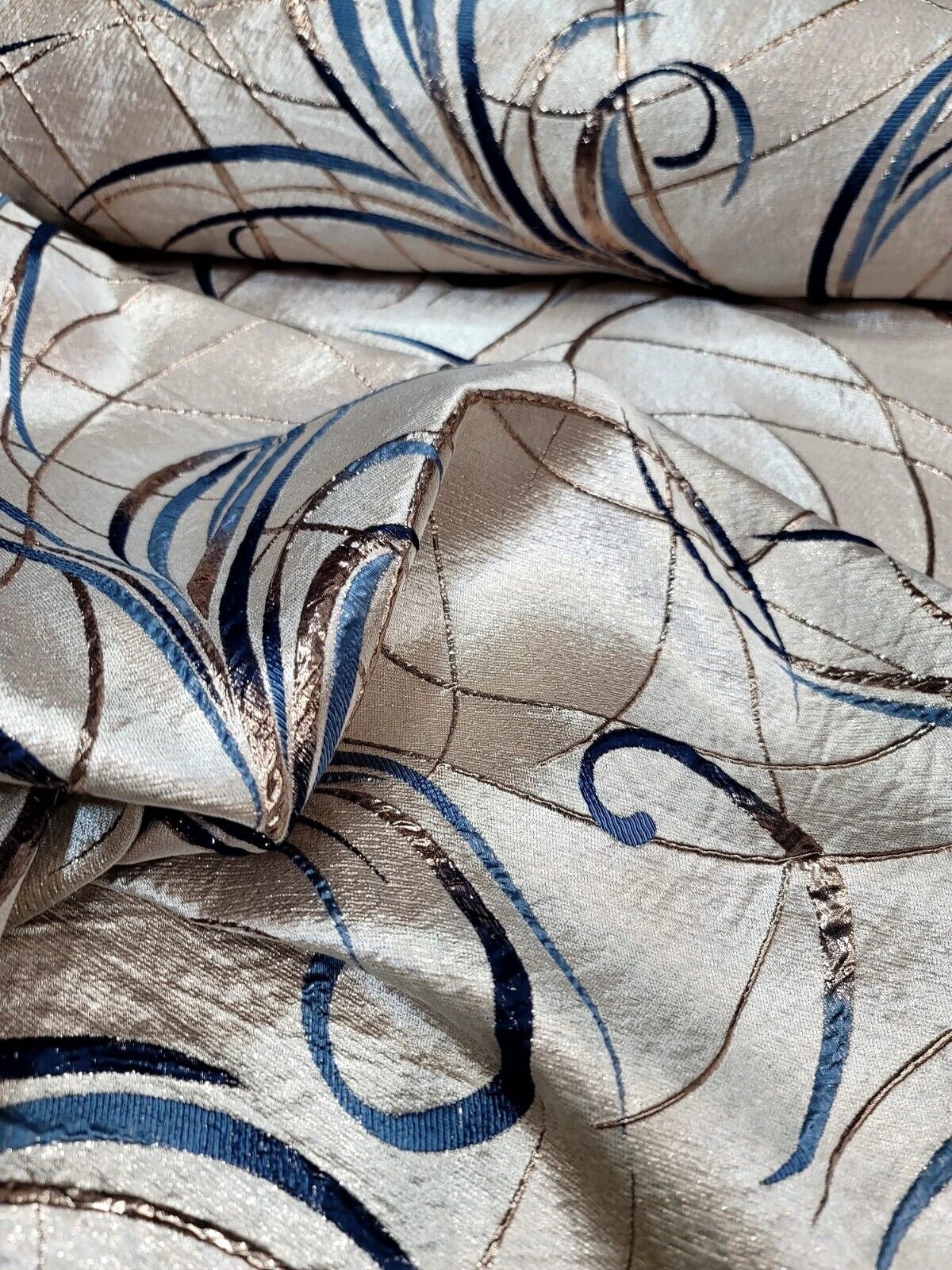 Navy Blue Swirls Brocade Jacquard Textured Gold Metallic On Beige Jacquard