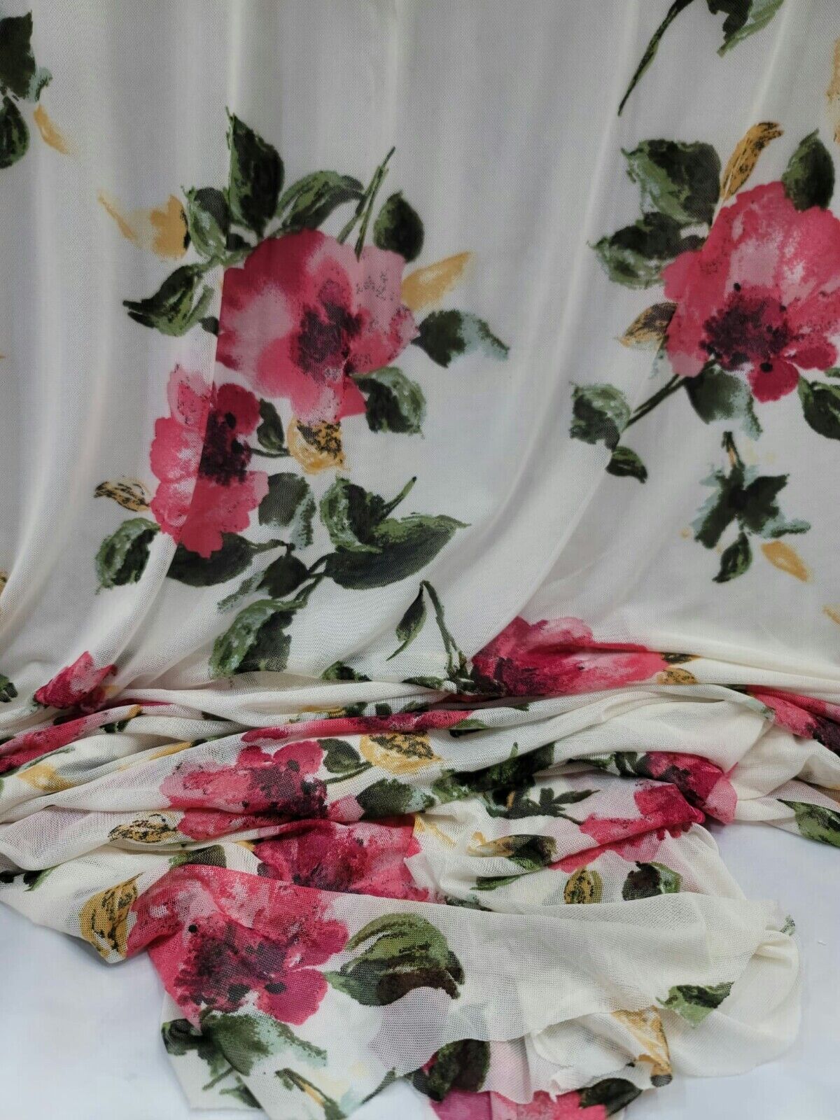 Ivory Four Way Stretch Lace Red Floral Flowers Fabric - Sold by the Yard