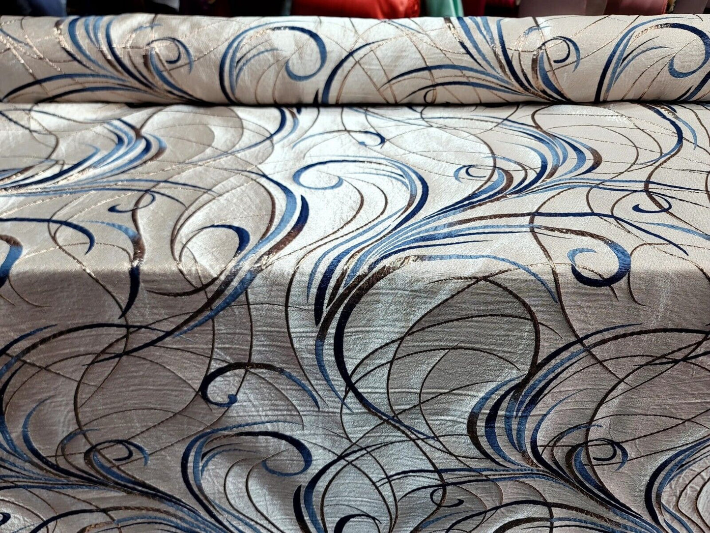 Navy Blue Swirls Brocade Jacquard Textured Gold Metallic On Beige Jacquard
