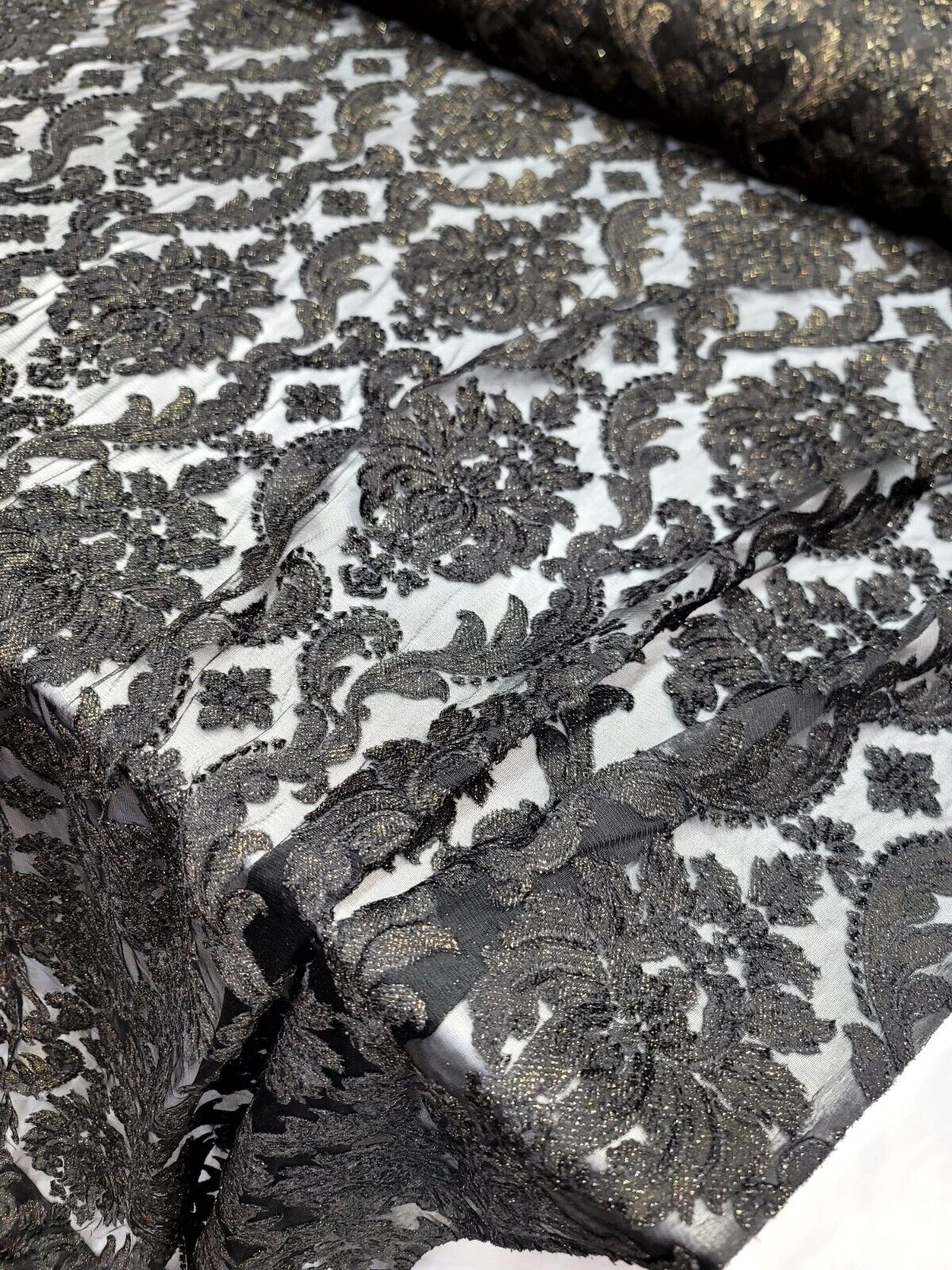 Embroidered Stretch Lace Apparel Fabric Sheer Black Floral Gold Accent - 52" Width