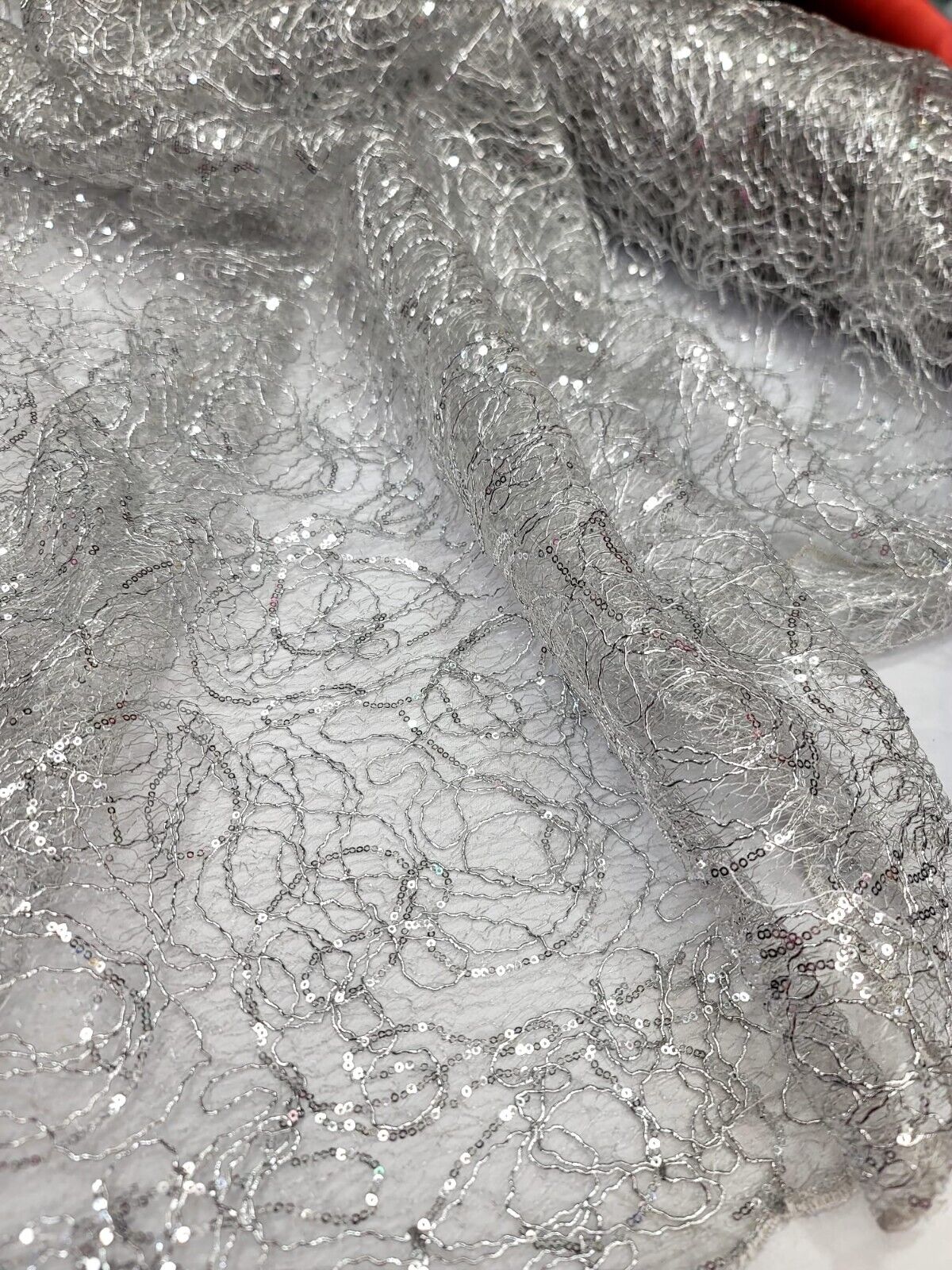 Spider Webs Silver Sequins Fabric By The Yard