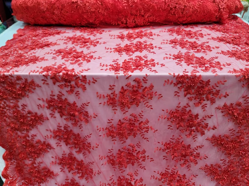 Red 3D Flower Lace Embroidery Lace Fabric - Sold by the Yard