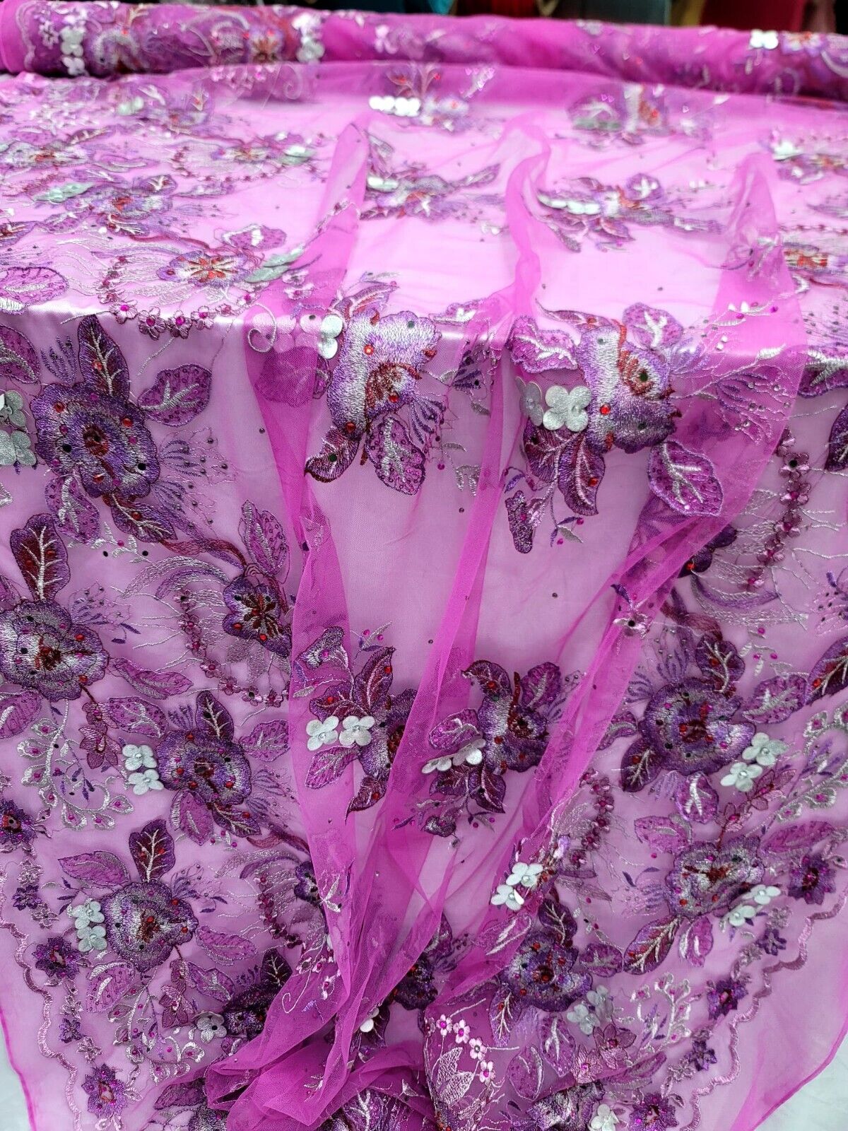 Purple Lace Fabric by the Yard - Floral 3D Silver Flower Embroidered with Glued Rhinestones