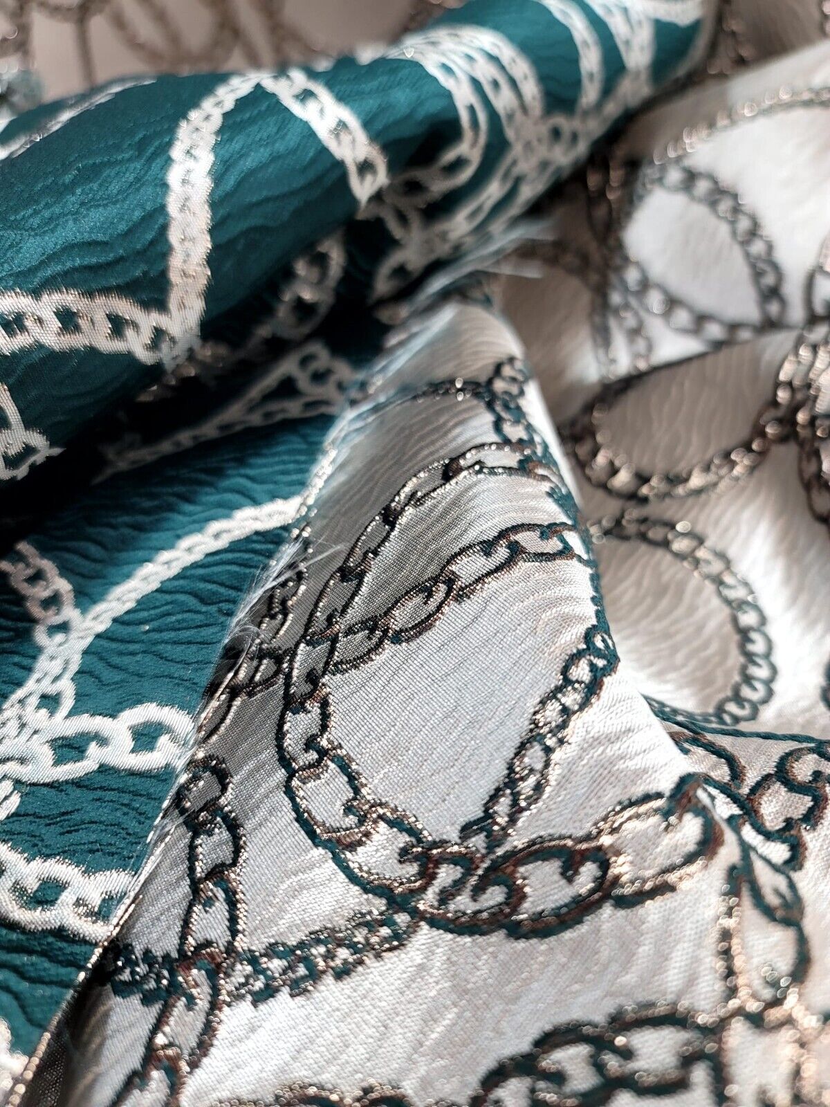 Beige and Hunter Green and Gold Brocade Fabric with Gold Metallic Chain Geometric Pattern - Sold by Yard - Perfect for Fashion, Home Decor, and Elegant Creations