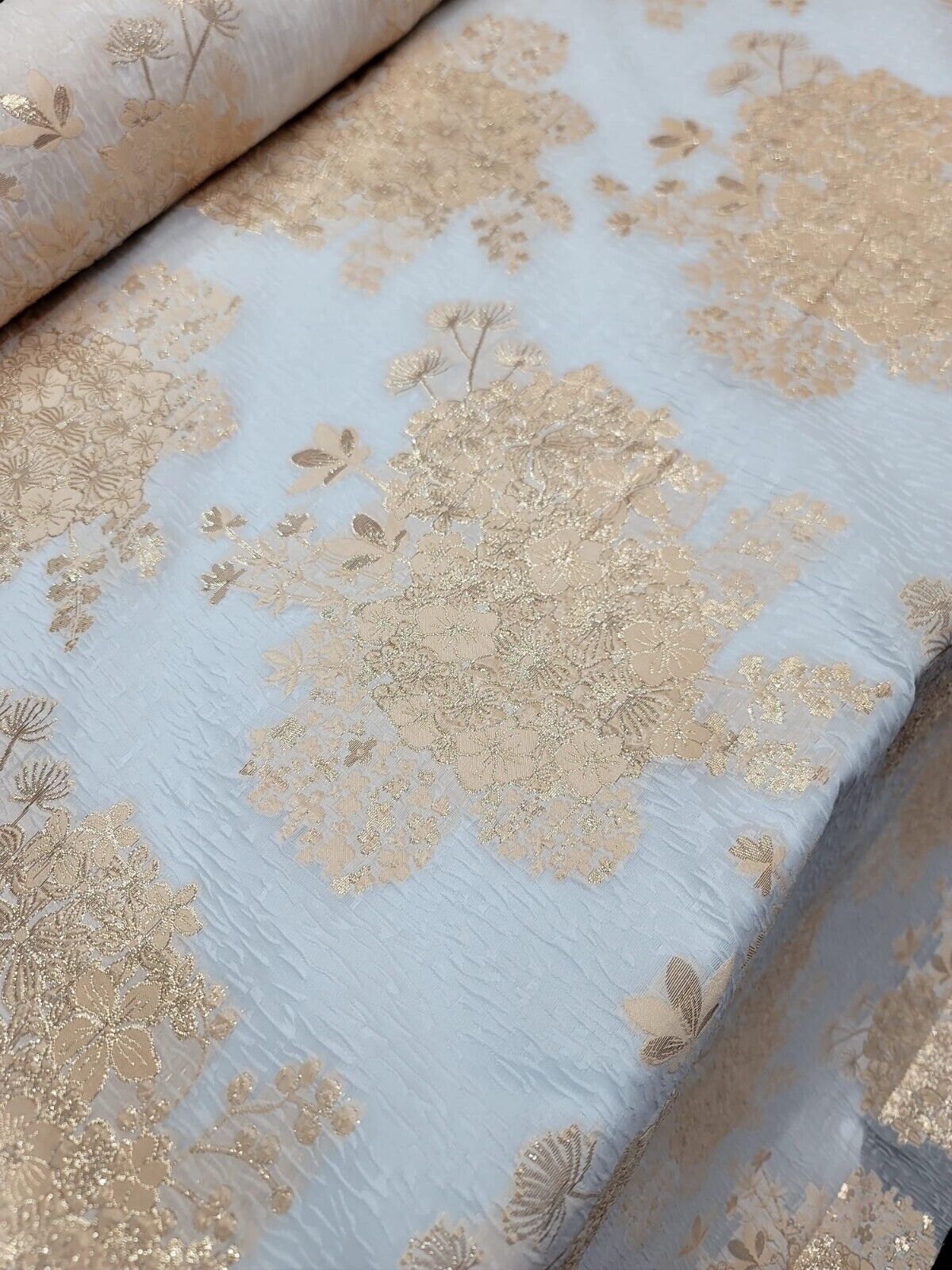 Beige Silk Brocade Floral Flowers On White Organza Fabric By The Yard 57" W smart-textile smart-textile (1414)
