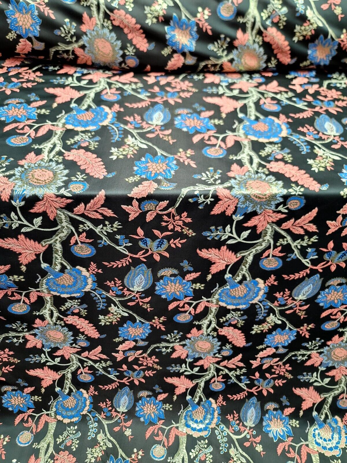 Coral Blue Floral Damask Jacquard Brocade Fabric By The Yard Thick Unique Design