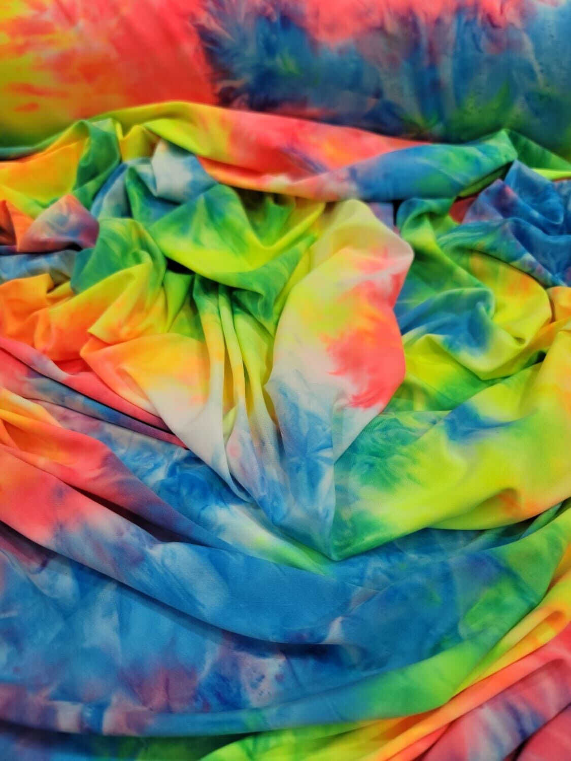 Multicolor Spandex Fabric - Sold by the Yard - Neon Tie Dye Yellow Blue Coral