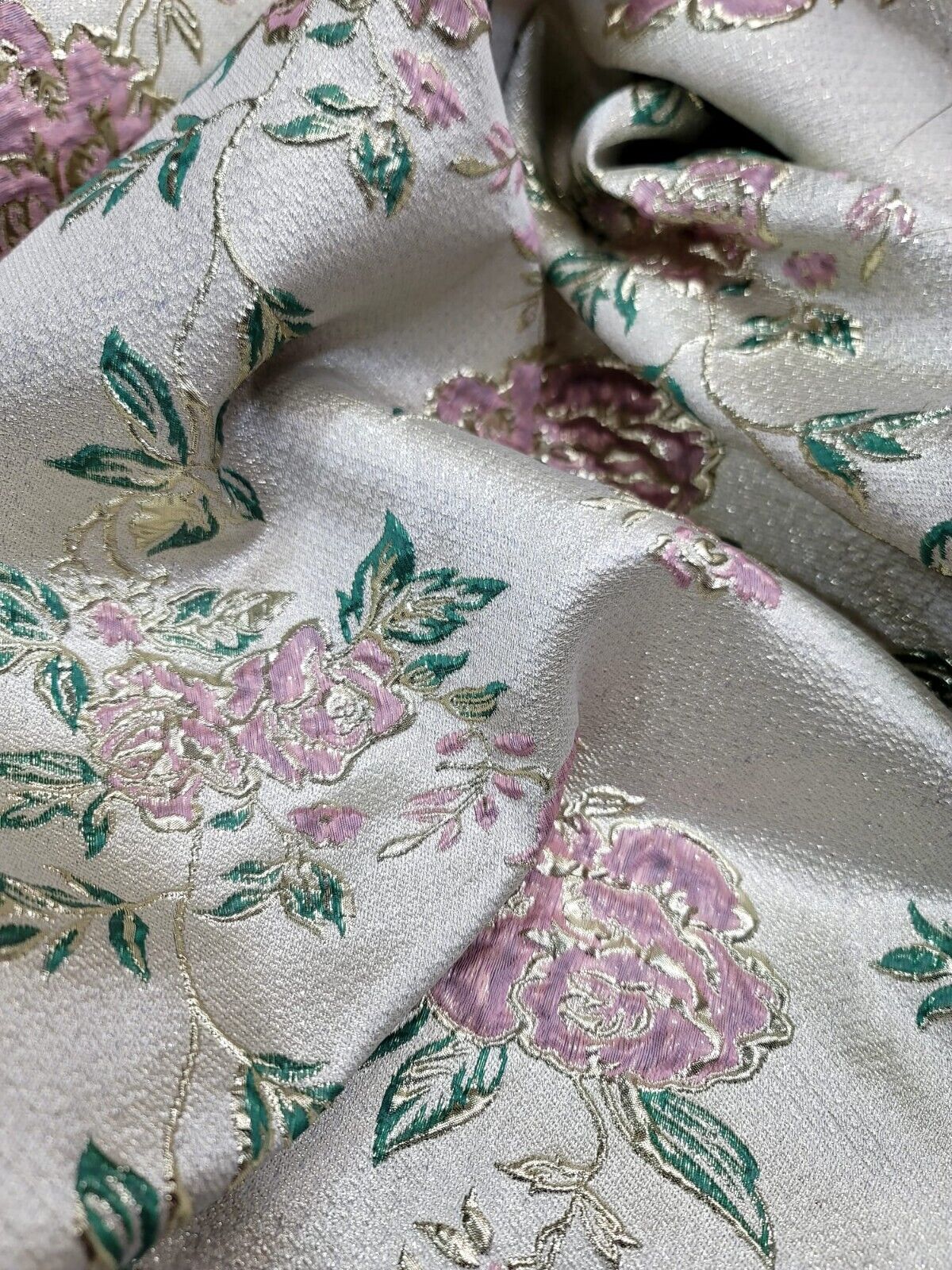 Sage Pink Gold Metallic Brocade Eyelash Prom Fabric by the Yard