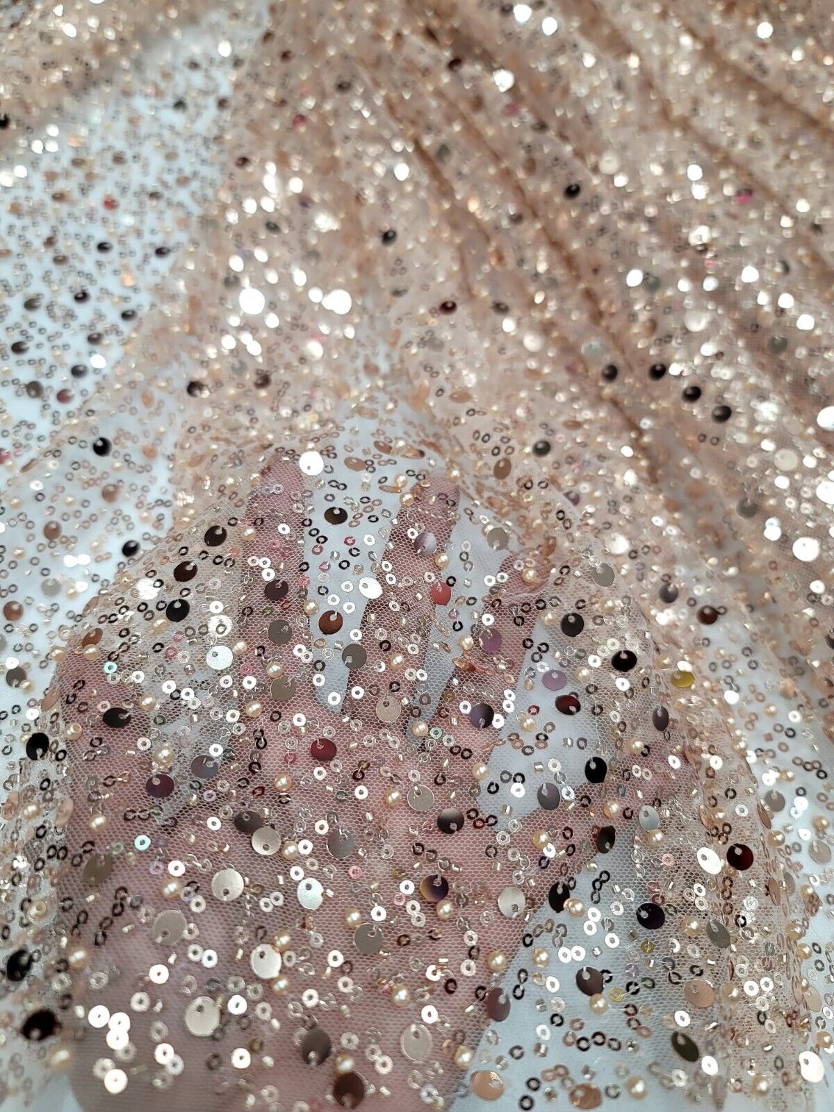 Rose Gold Sequins Beaded Embroidered Stretch Lace Fabric By The Yard - Perfect for Prom Dresses