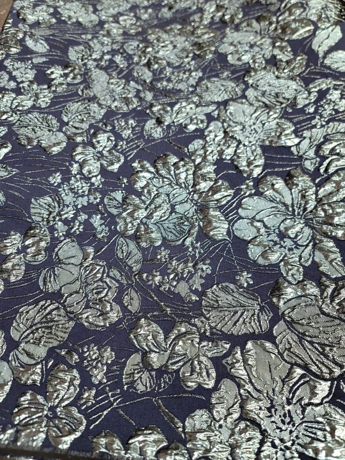 Metallic Blue Floral On Navy Blue Brocade Fabric 60" W Sold By The Yard Dress Pr