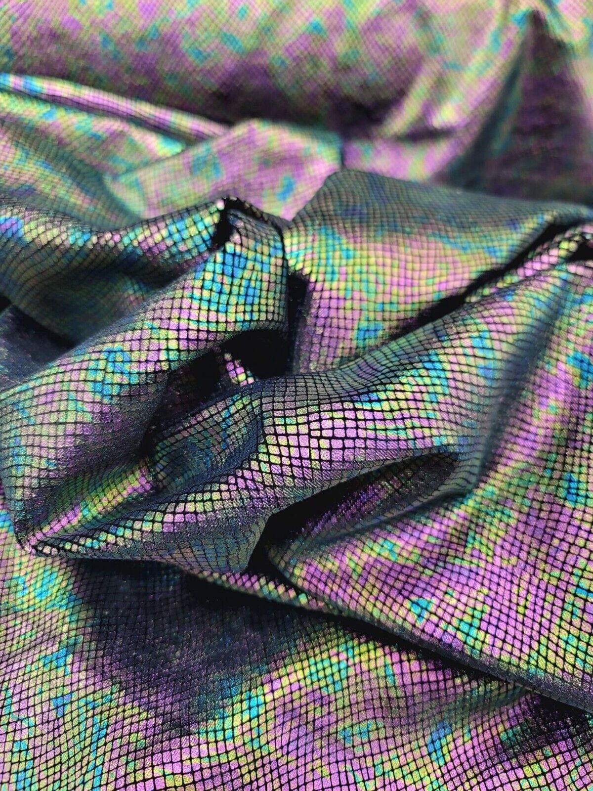 Exotic Design Iridescent Black Green Purple Print On Stretch Velvet Foil Fabric - Sold By the Yard