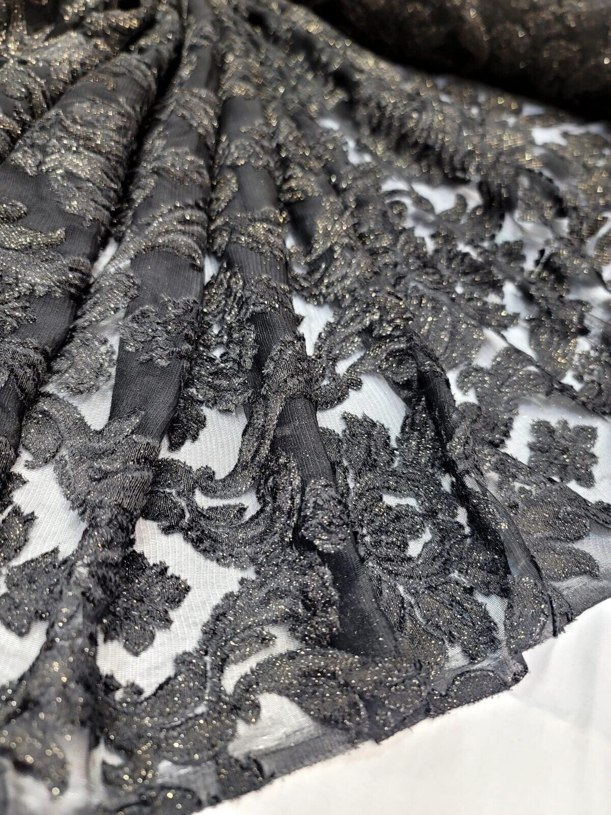 Embroidered Stretch Lace Apparel Fabric Sheer Black Floral Gold Accent - 52" Width