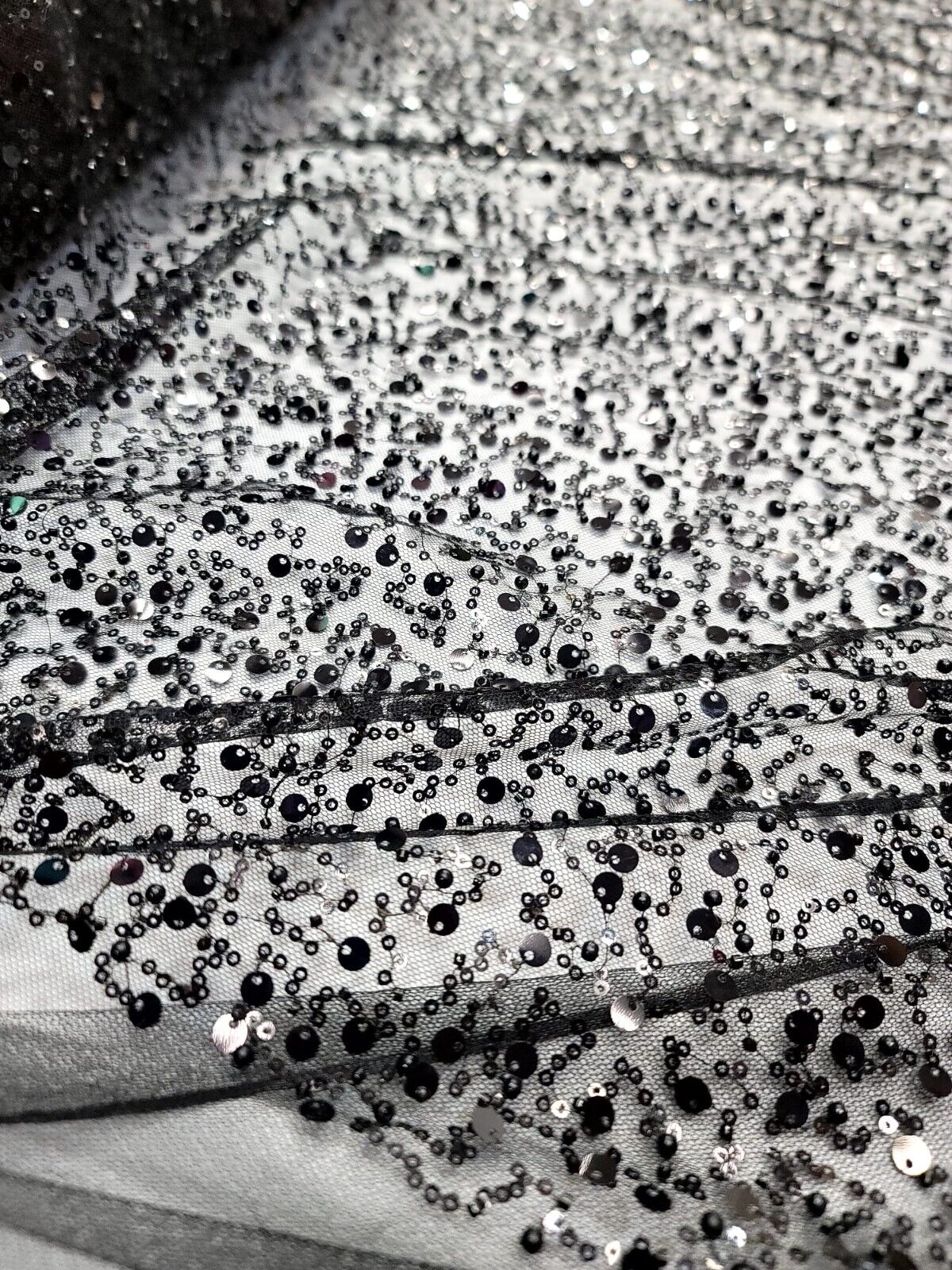 Black Beaded Lace Fabric By The Yard - Embroidery Sequin On Stretch Mesh - Wedding