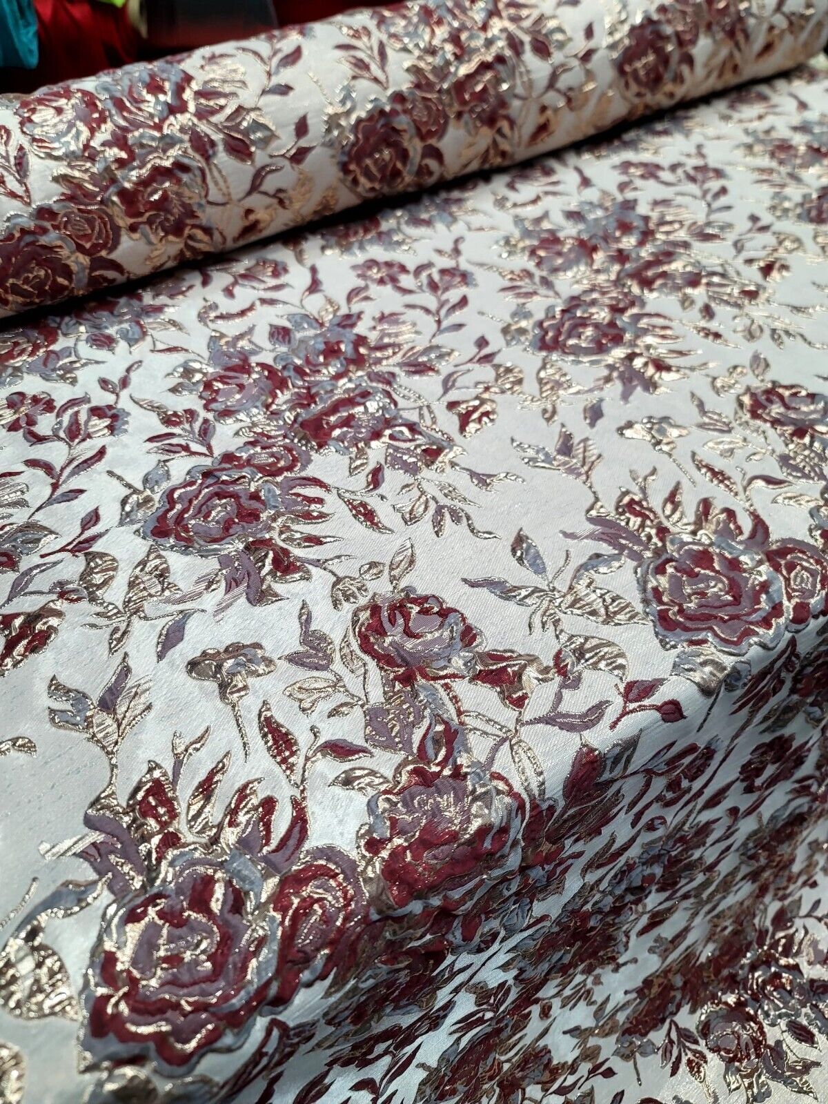 Fabric Sold By The Yard Burgundy METALLIC Brocade Floral Flowers Dress Upholster