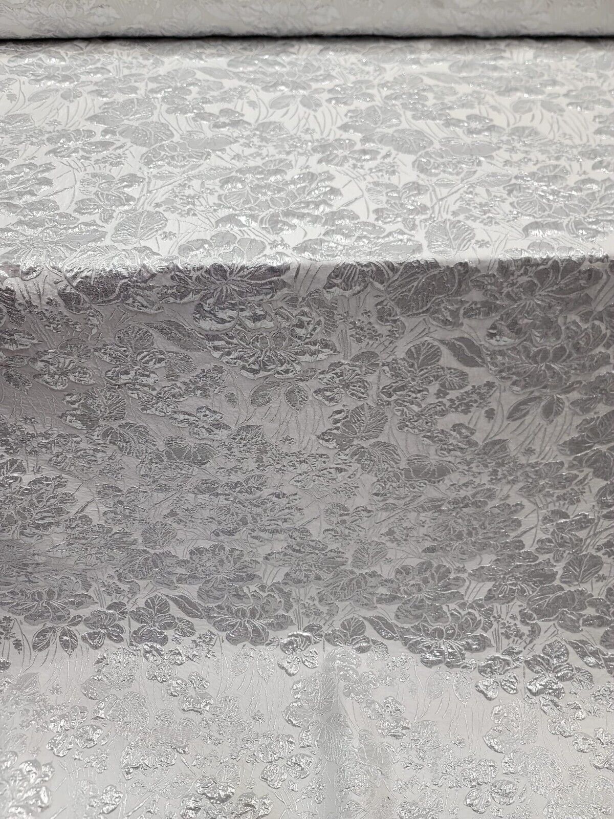 WHITE SILVER Floral Brocade Fabric 60" Sold By The Yard Embossed Flowers Bridal