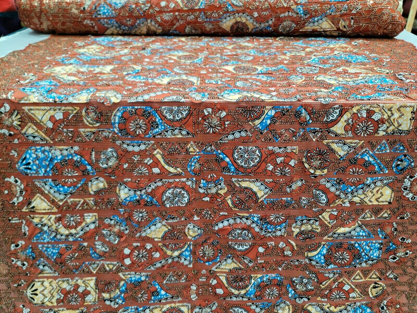 Copper Embroidery Lace with Sequins on Fishnet Fabric - Sold by the Yard - African Lace Cotton