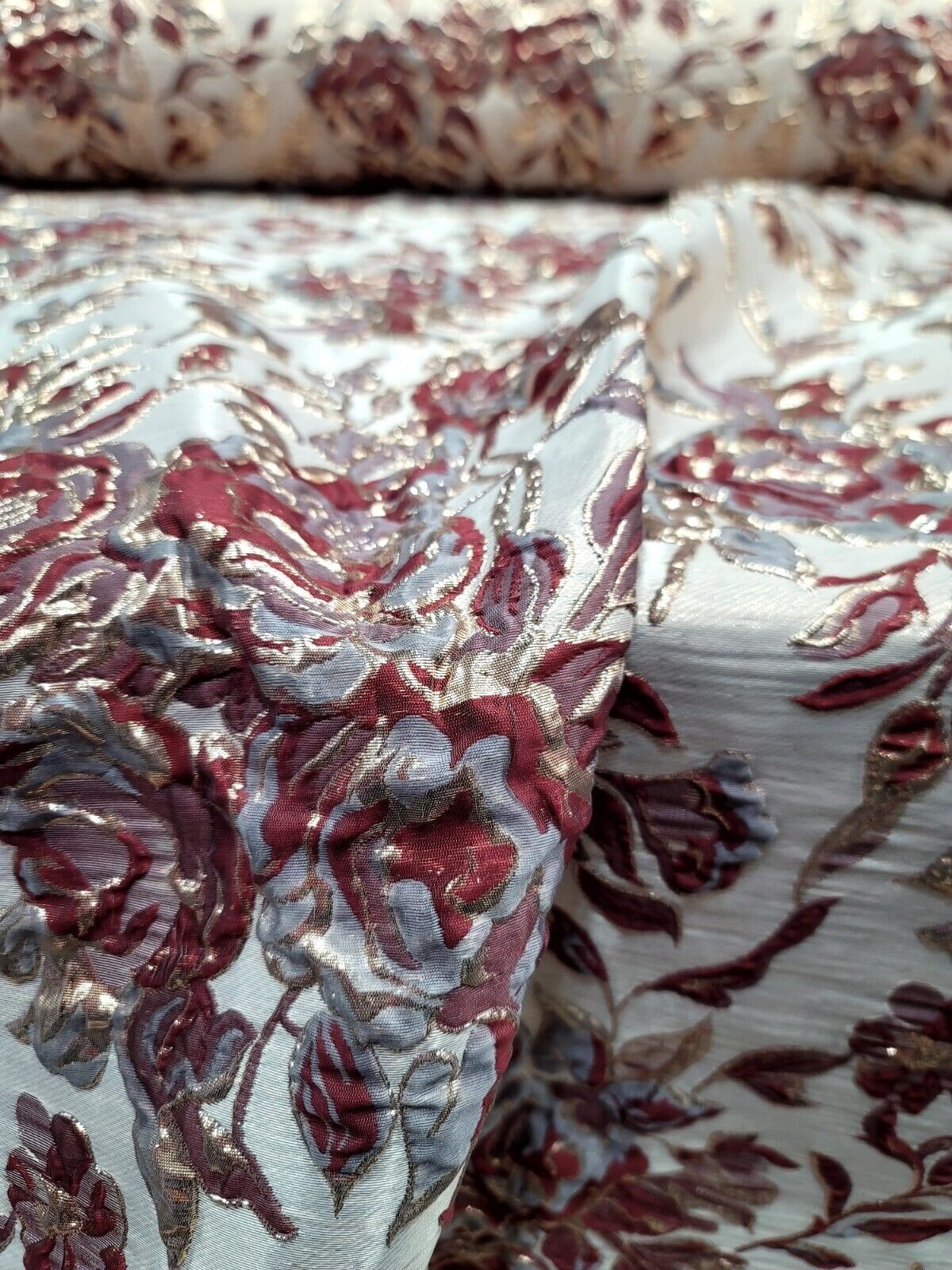 Fabric Sold By The Yard Burgundy METALLIC Brocade Floral Flowers Dress Upholster