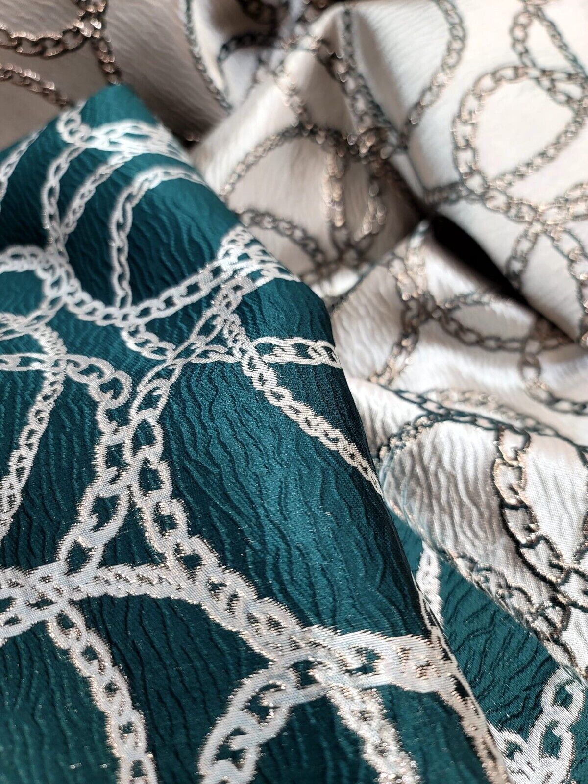 Beige and Hunter Green and Gold Brocade Fabric with Gold Metallic Chain Geometric Pattern - Sold by Yard - Perfect for Fashion, Home Decor, and Elegant Creations