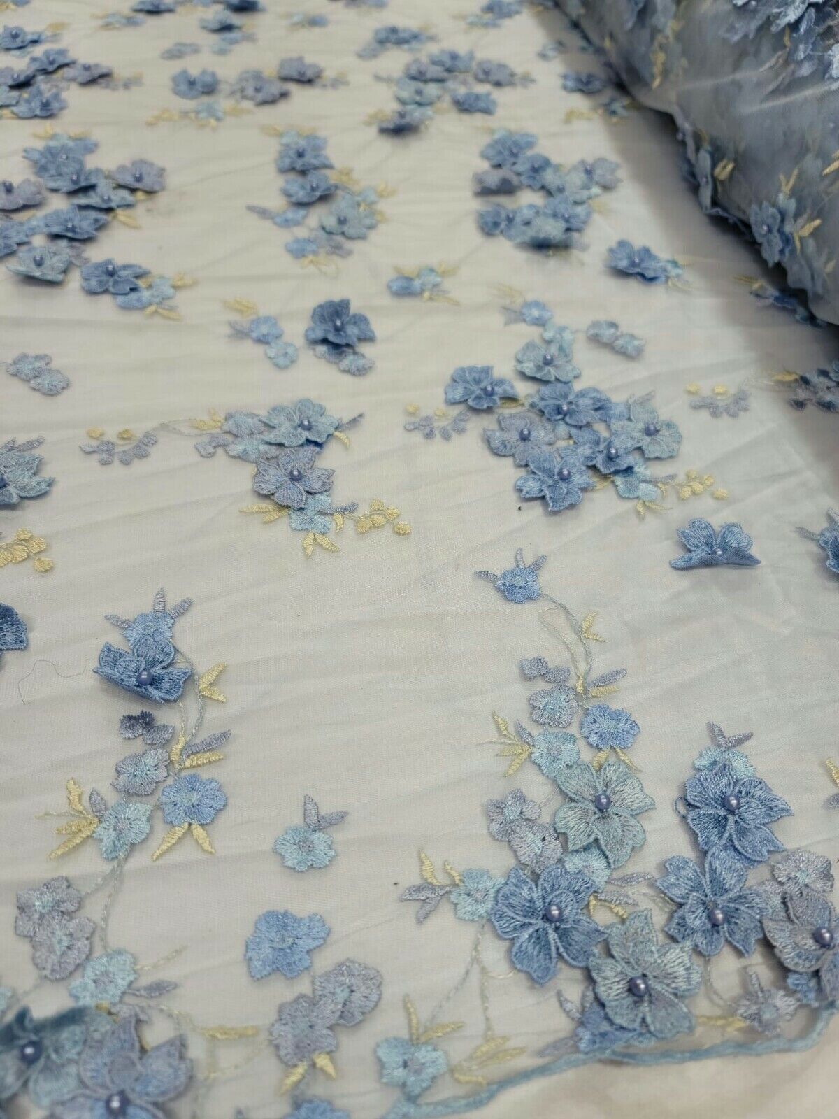 Sky Blue and Light Yellow 3D Floral Flowers Lace on Mesh - Sold by Yard - Perfect for Quinceañera Dresses, Bridal Gowns, Prom Dresses, and Elegantly Designed Creations