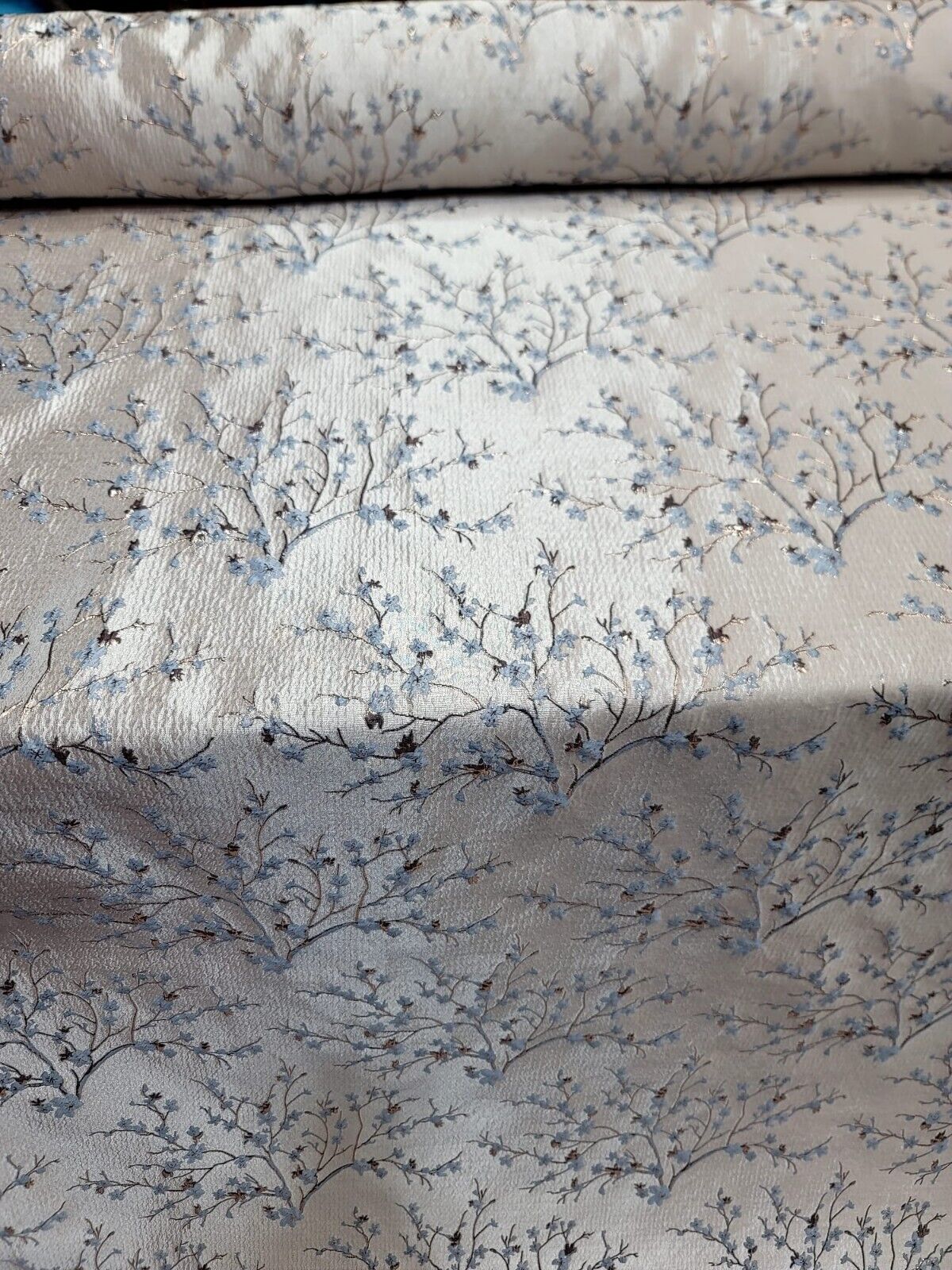 BABY BLUE GOLD Floral Brocade Fabric (60 in.) Sold By The Yard Small Flowers