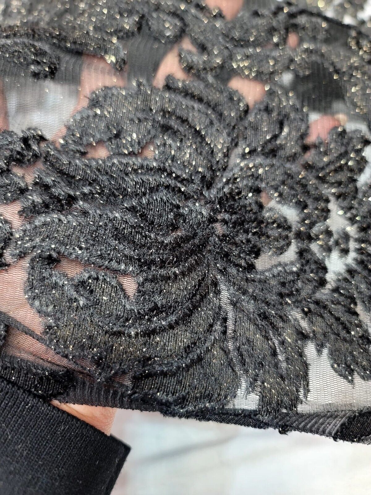 Embroidered Stretch Lace Apparel Fabric Sheer Black Floral Gold Accent - 52" Width