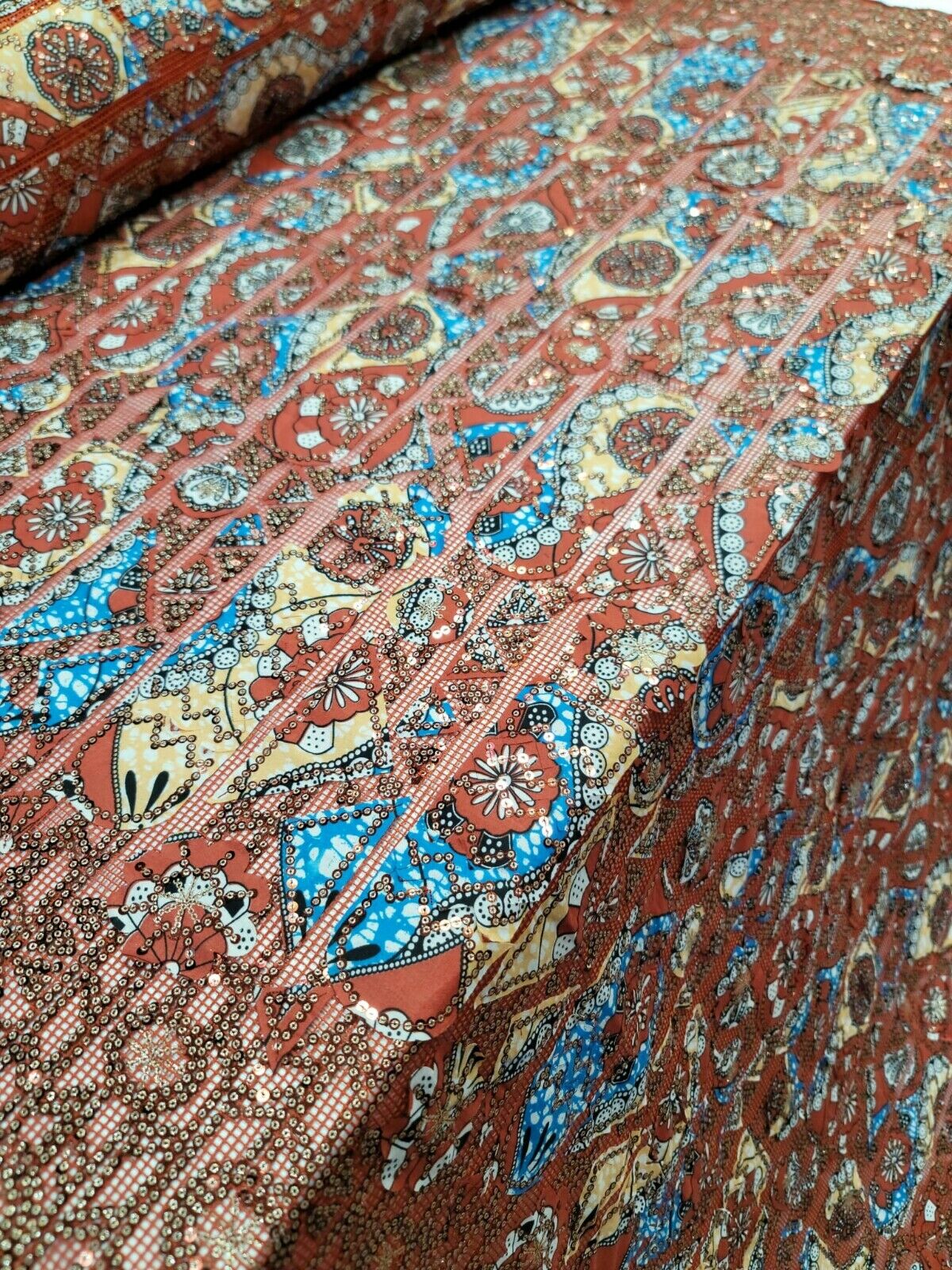 Copper Embroidery Lace with Sequins on Fishnet Fabric - Sold by the Yard - African Lace Cotton
