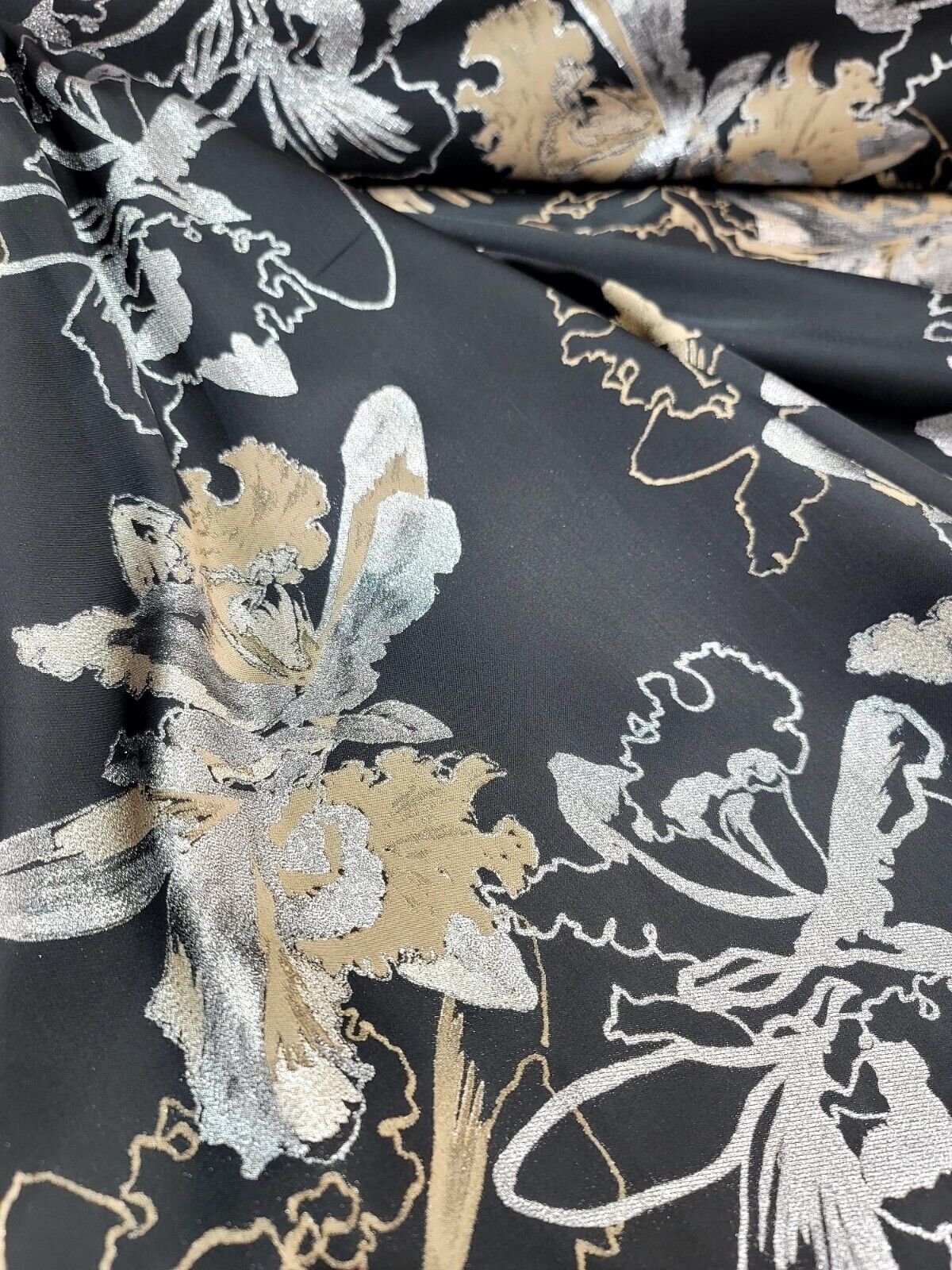 Gold,Silver and Black Damask Jacquard Brocade Floral Fabric - 60" Width