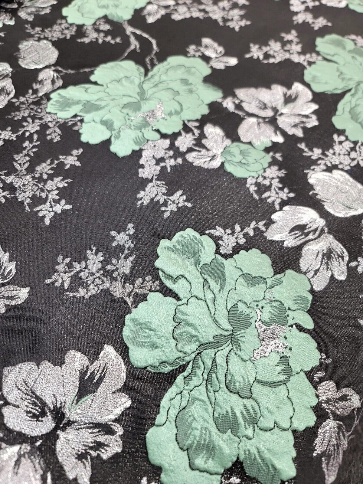 Sage Green Silver Black Damask Jacquard Brocade Floral Fabric - 60" Width