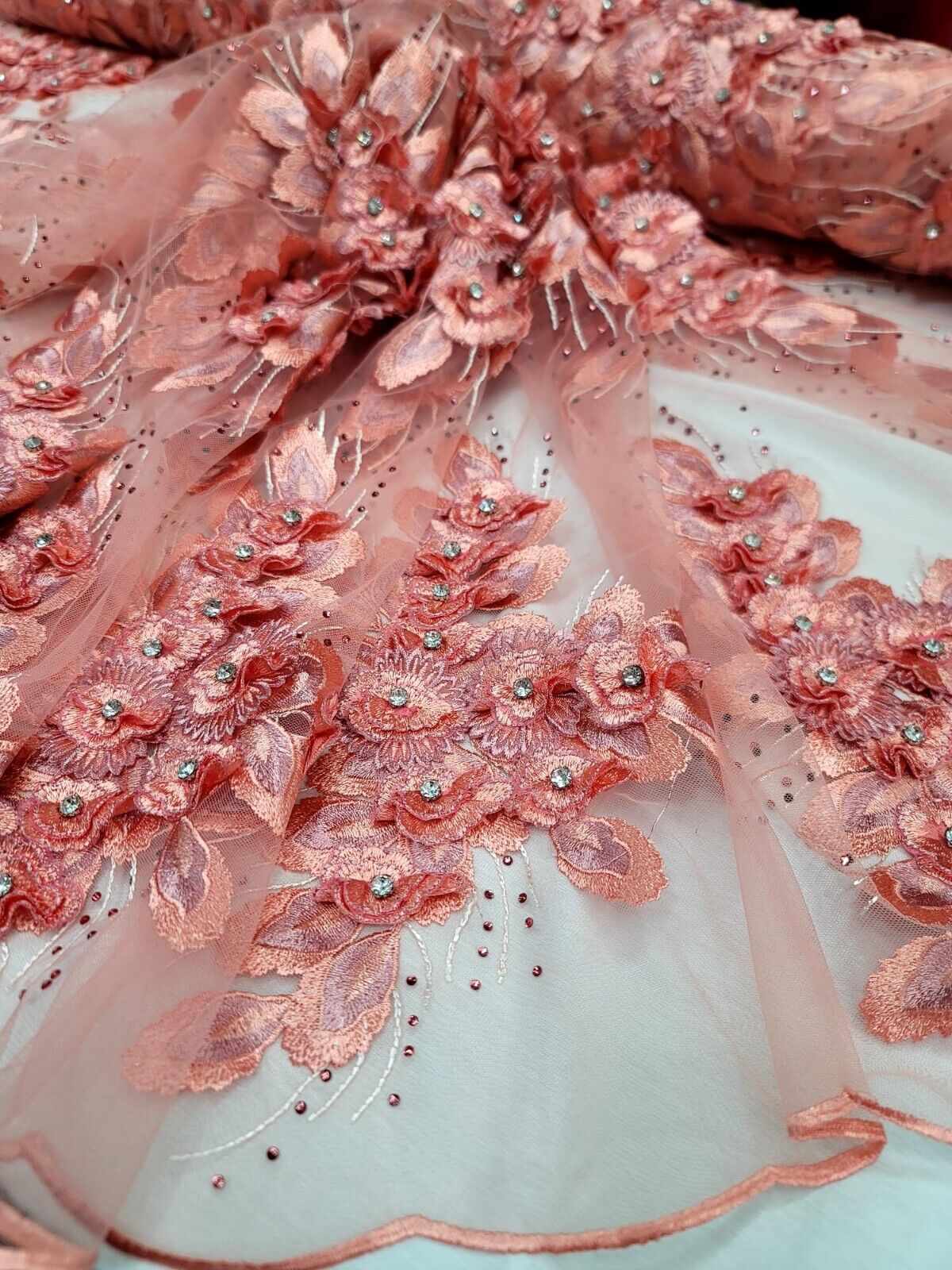 Elegant Coral Hand Beaded Lace Wedding/Bridal 3d Floral Fabric Sold By The Yard