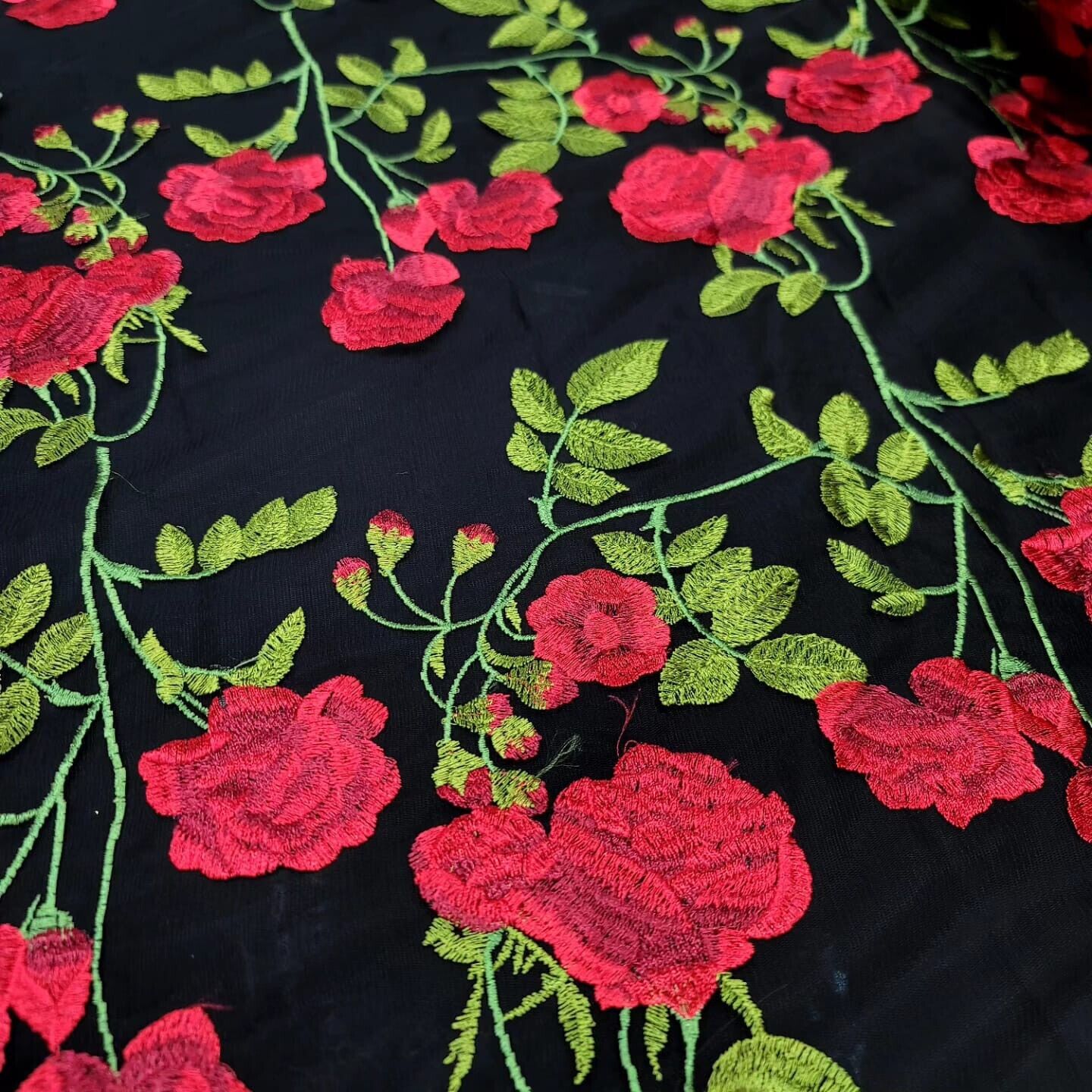 Black Lace Fabric with Red and Green Flower Embroidery - Stunning Floral Design on Elegant Black Mesh - Sold by the Yard