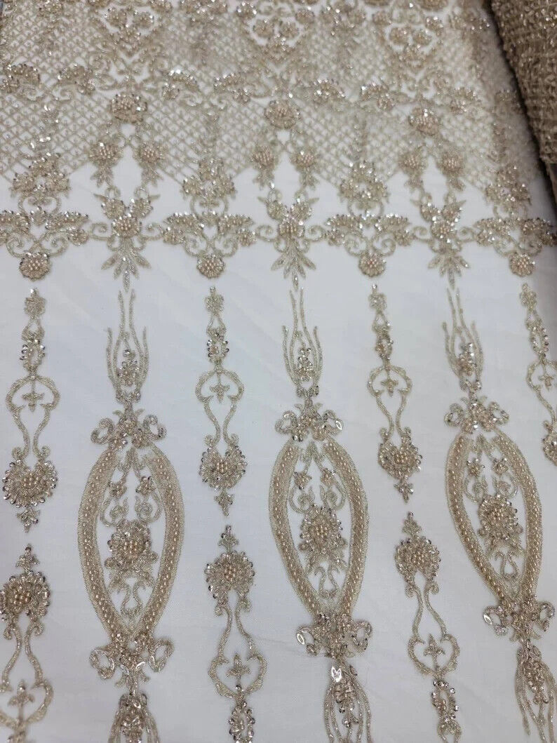 Champagne Beaded Lace Embroidery Floral Fabric - Sold by the Yard - Perfect for Prom Gowns and Quinceañera Attire