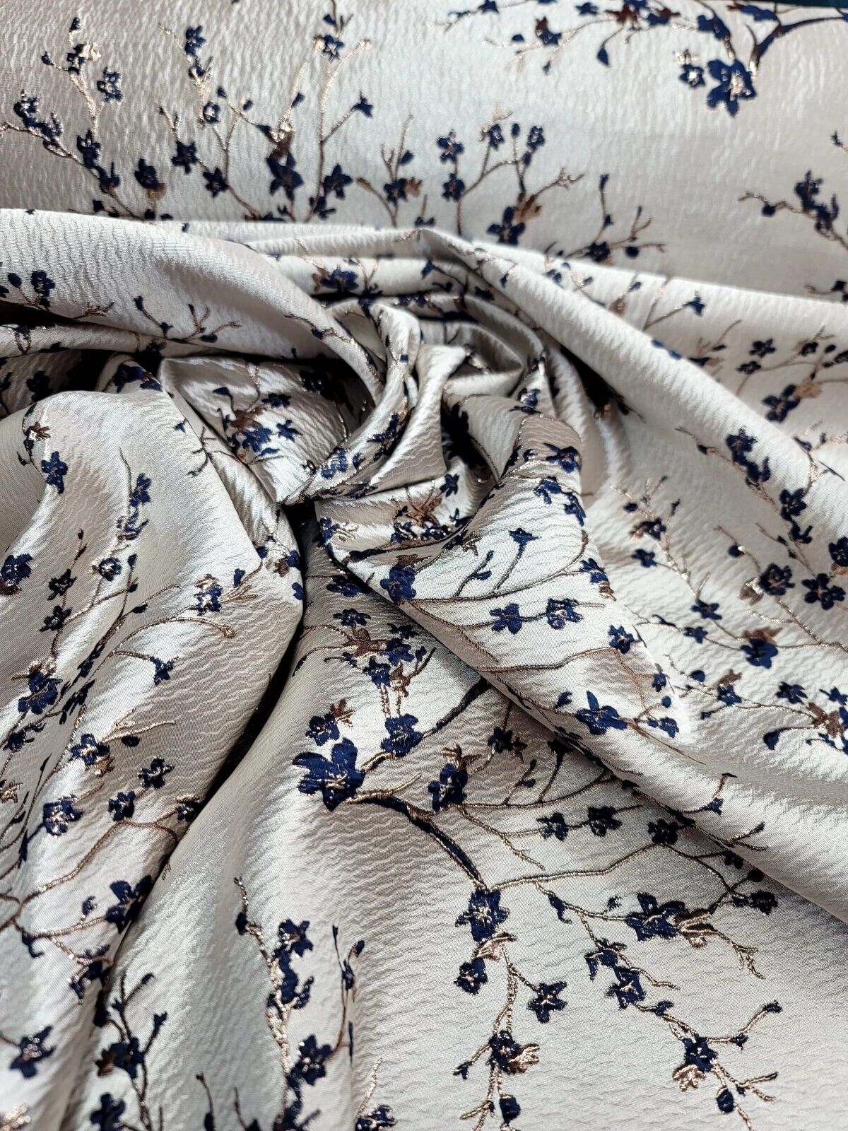NAVY BLUE Metallic Rose Gold Floral Brocade Fabric - Sold by the Yard