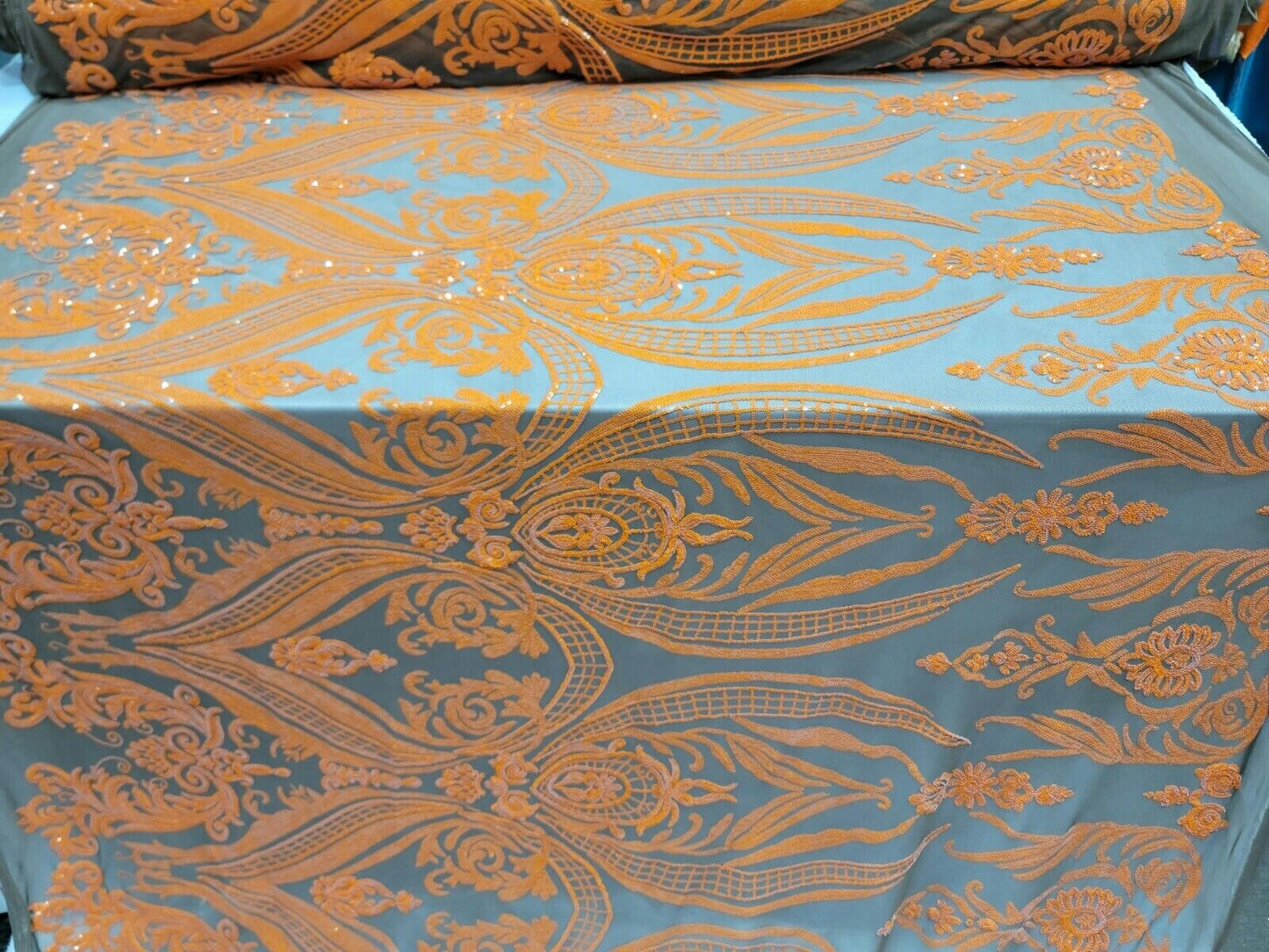 Orange Sequin Embroidered Lace Brown Stretch Mesh Fabric by the Yard For Dress