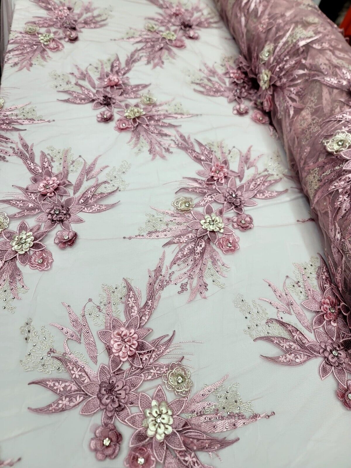 DUSTY ROSE 3D Mauve Flowers Rhinestones Embroidery Lace Fabric - Sold By The Yard