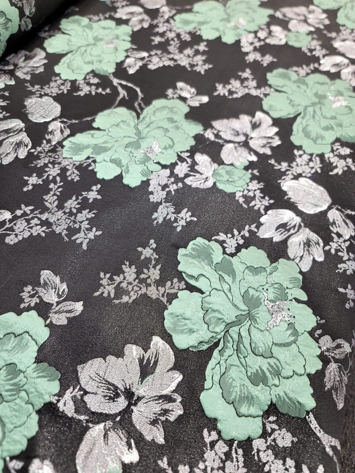 Sage Green Silver Black Damask Jacquard Brocade Floral Fabric - 60" Width