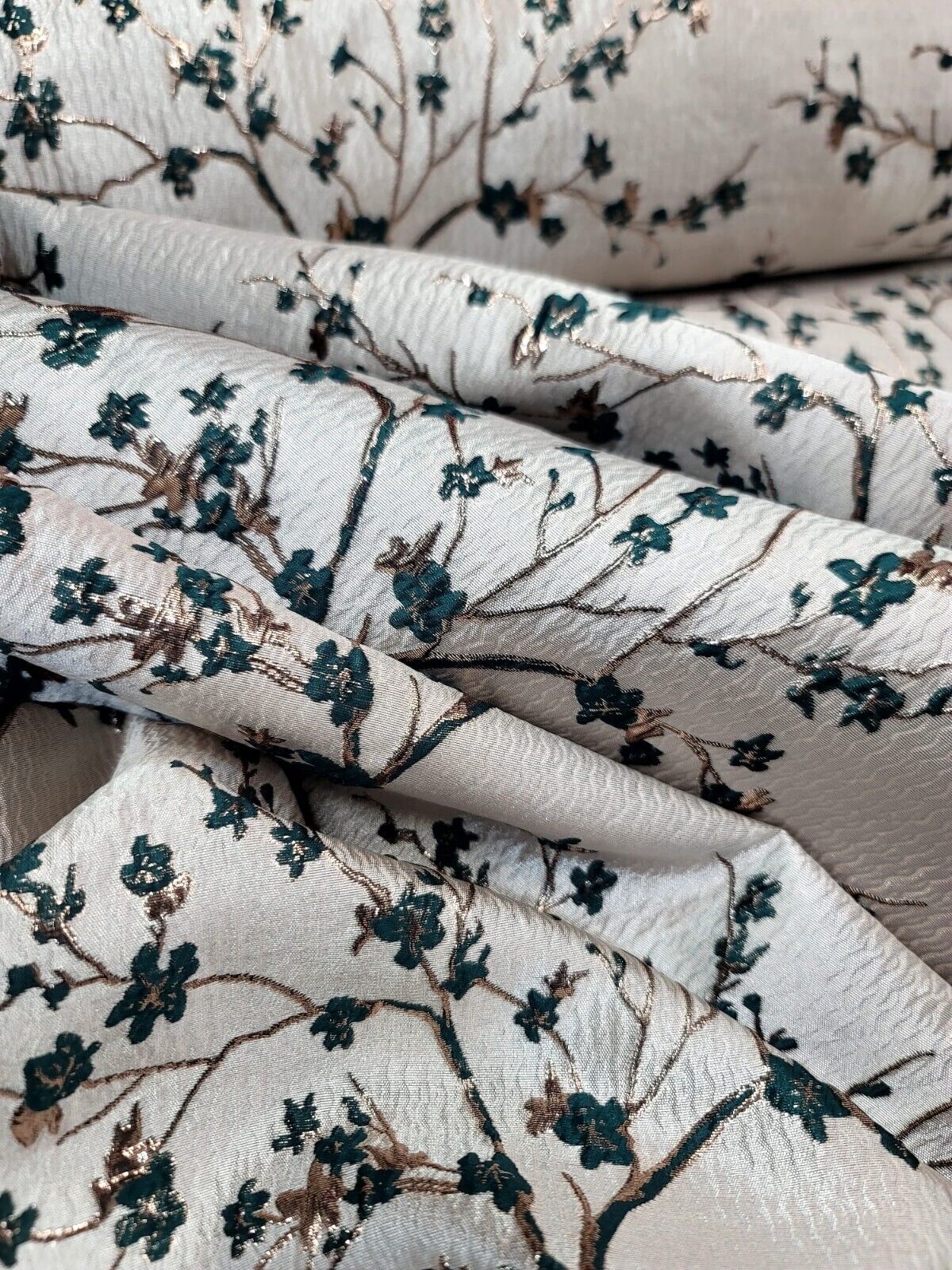 HUNTER GREEN Floral Brocade Fabric Sold By The Yard Beige Textured