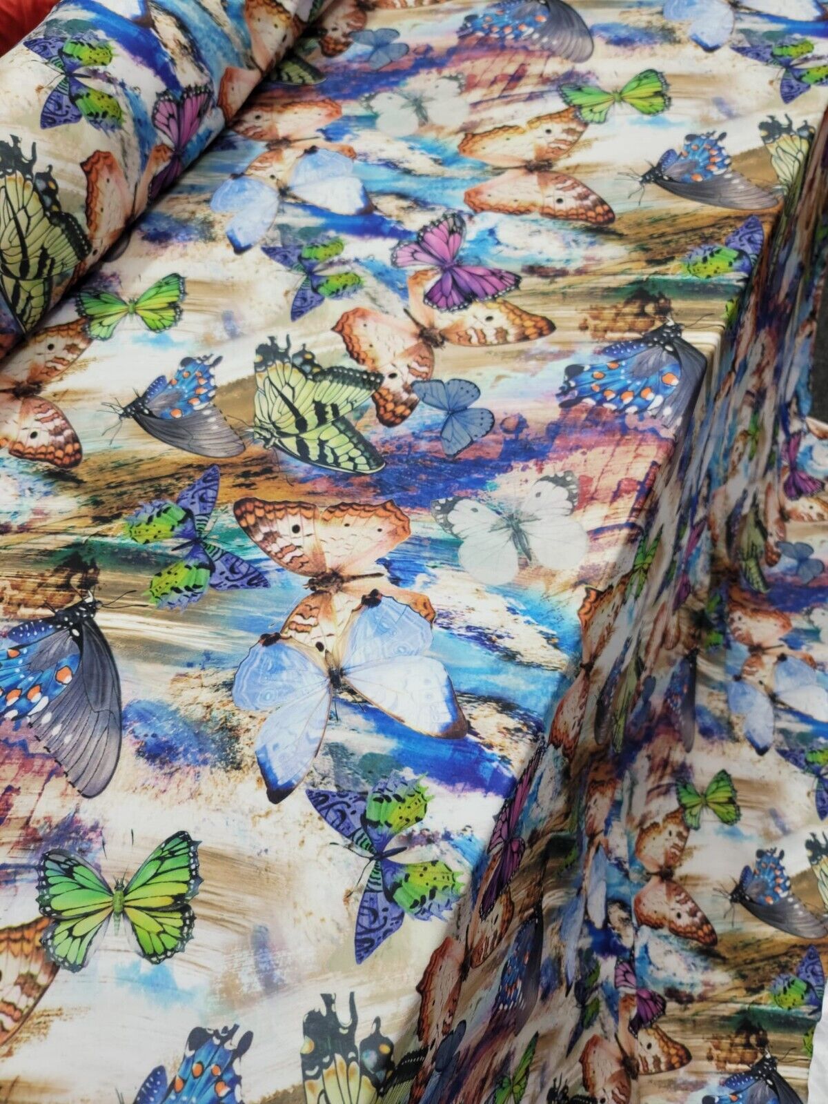 Multi color Monarch Butterfly Blue Green Lavender Fabric by the Yard Spandex