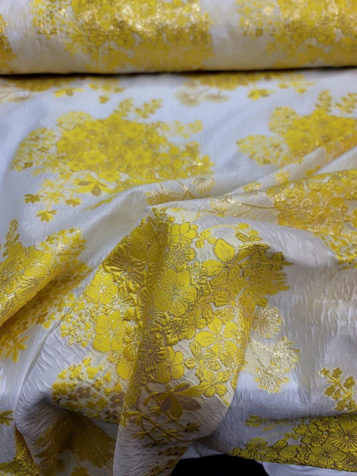 Yellow Floral Brocade Fabric on White Organza - Sold by Yard - Perfect for Prom Dresses, Gowns, and Elegant Creations