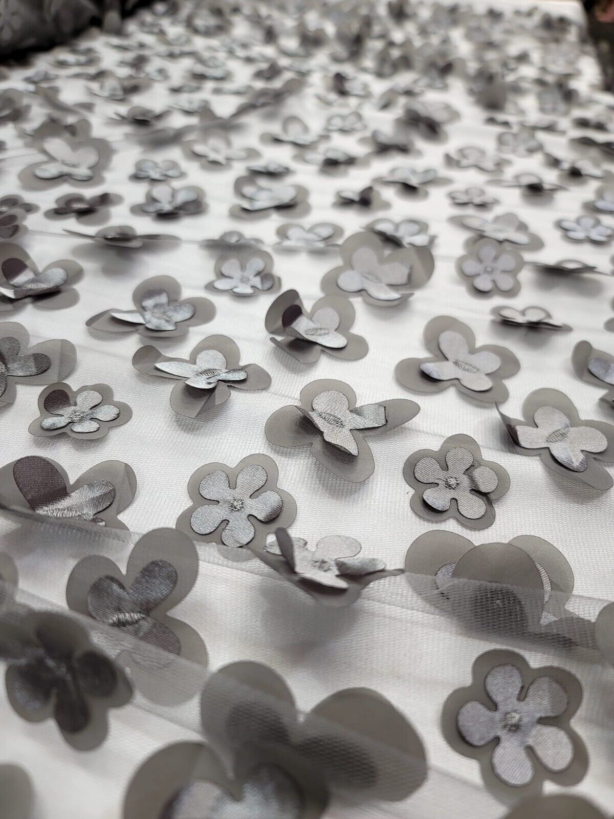 Gray Floral Butterfly 3D Floral Fabric - 58" Width - Sold by the Yard