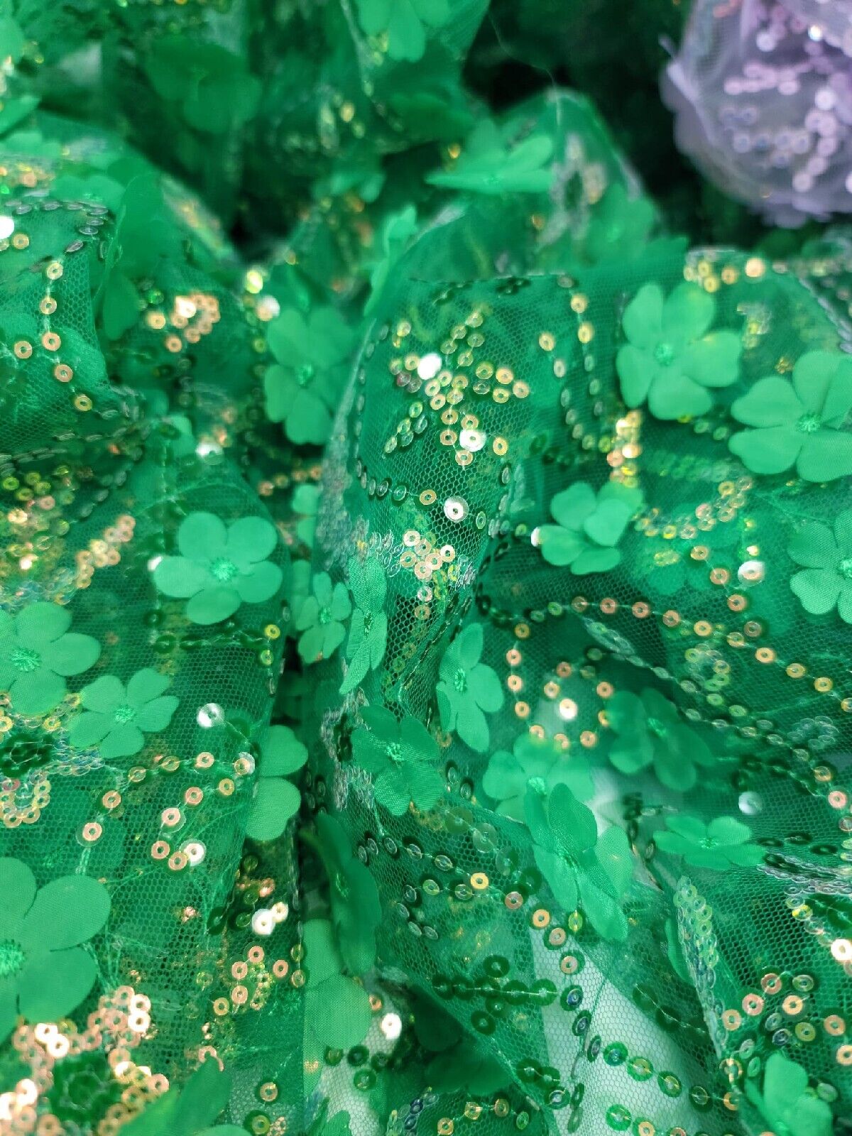 Emerald Green 3D Floral Flowers Sequins Iridescent Fabric - Sold by the Yard