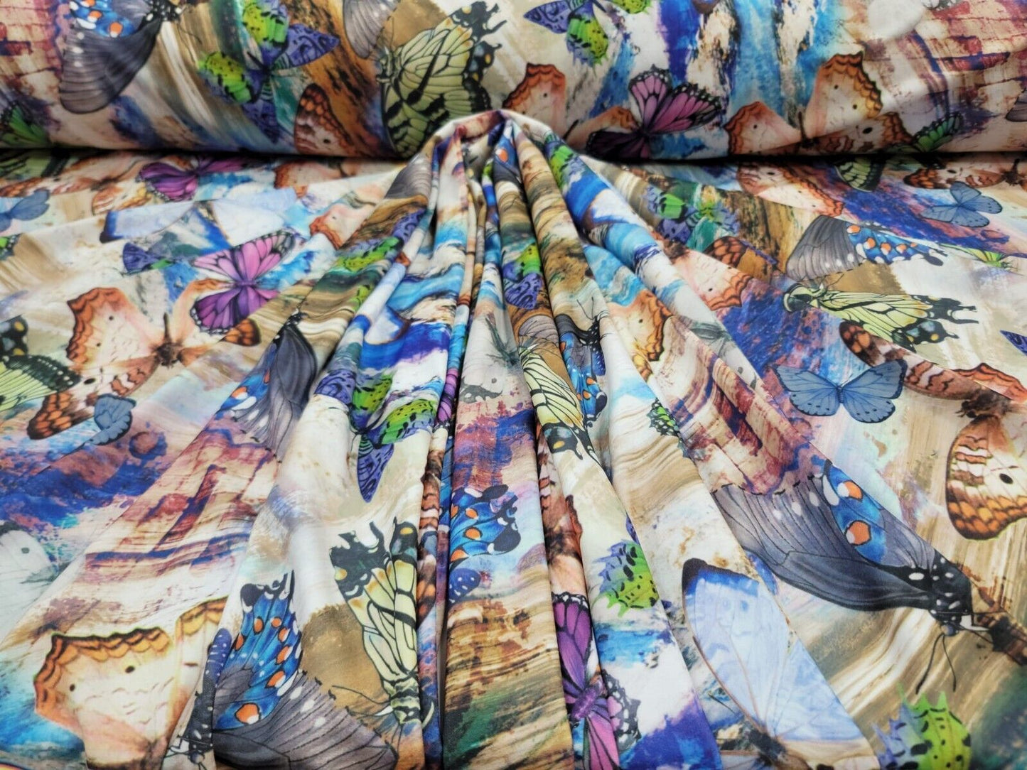Multi color Monarch Butterfly Blue Green Lavender Fabric by the Yard Spandex