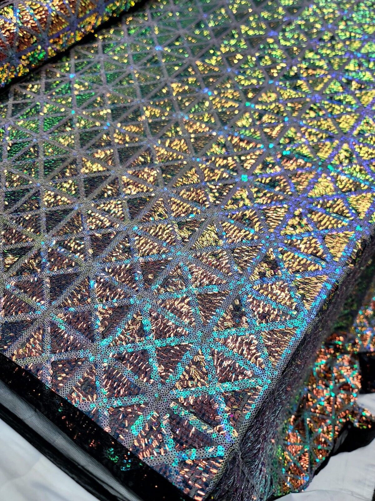 Green Blue Iridescent on Black Mesh 4 Way Stretch Sequins Fabric - 50" Width