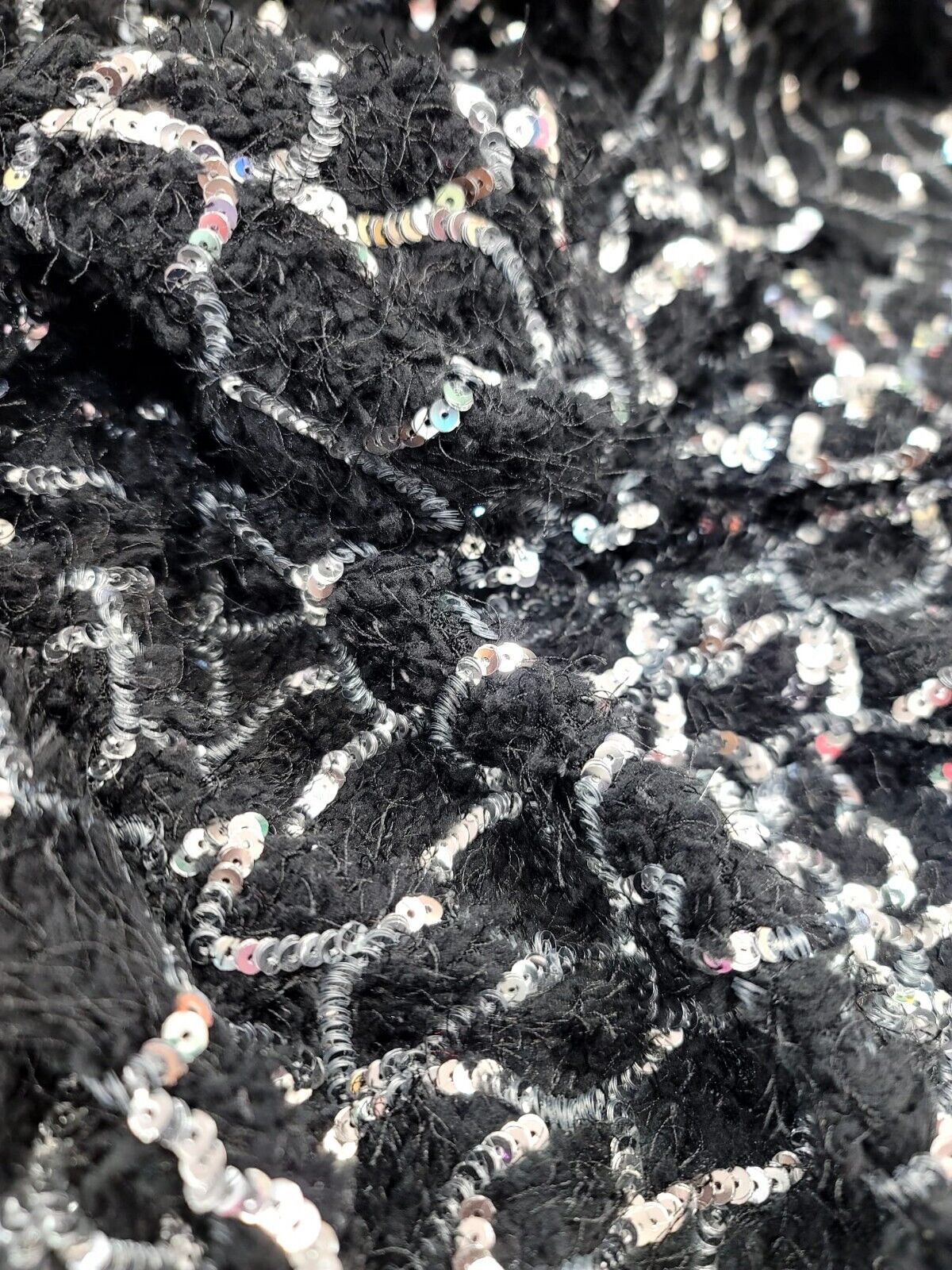 Shaggy Faux Fur Black Silver Sequin Design Stretch Fabric - Sold By The Yard