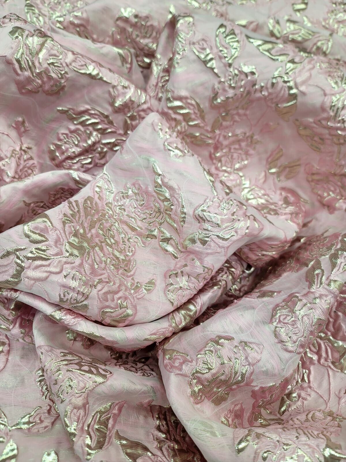 Rose Pink Gold Metallic Brocade Fabric 60” Width Sold By The Yard Clear Organza