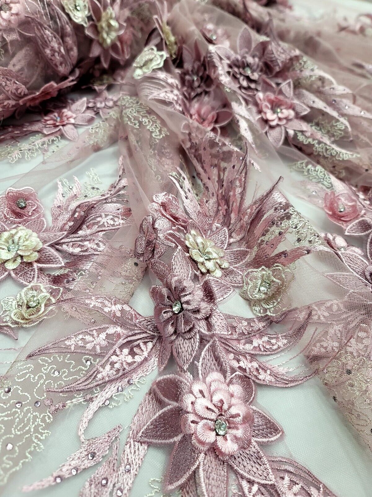 DUSTY ROSE 3D Mauve Flowers Rhinestones Embroidery Lace Fabric - Sold By The Yard