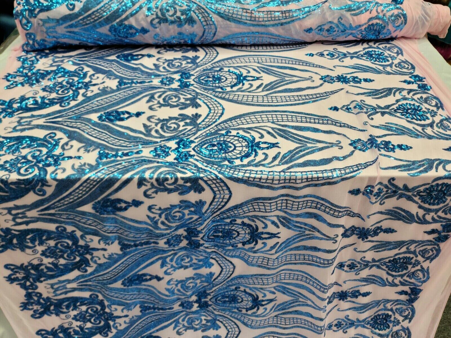 Royal Blue Sequin Lace Fabric By The Yard with Pink Four Way Stretch Mesh - Perfect for Prom and Bridal Wear