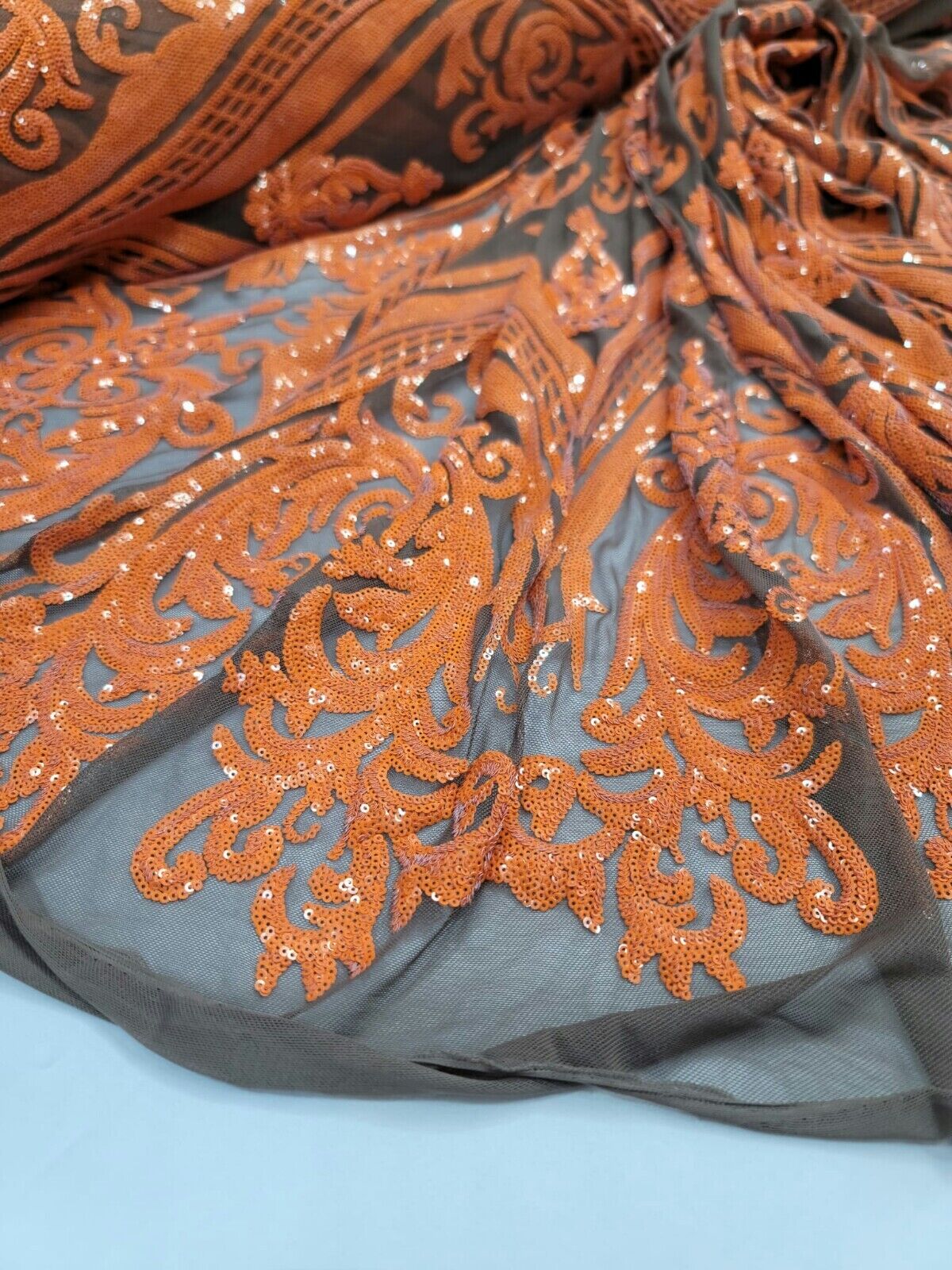 Orange Sequin Embroidered Lace Brown Stretch Mesh Fabric by the Yard For Dress