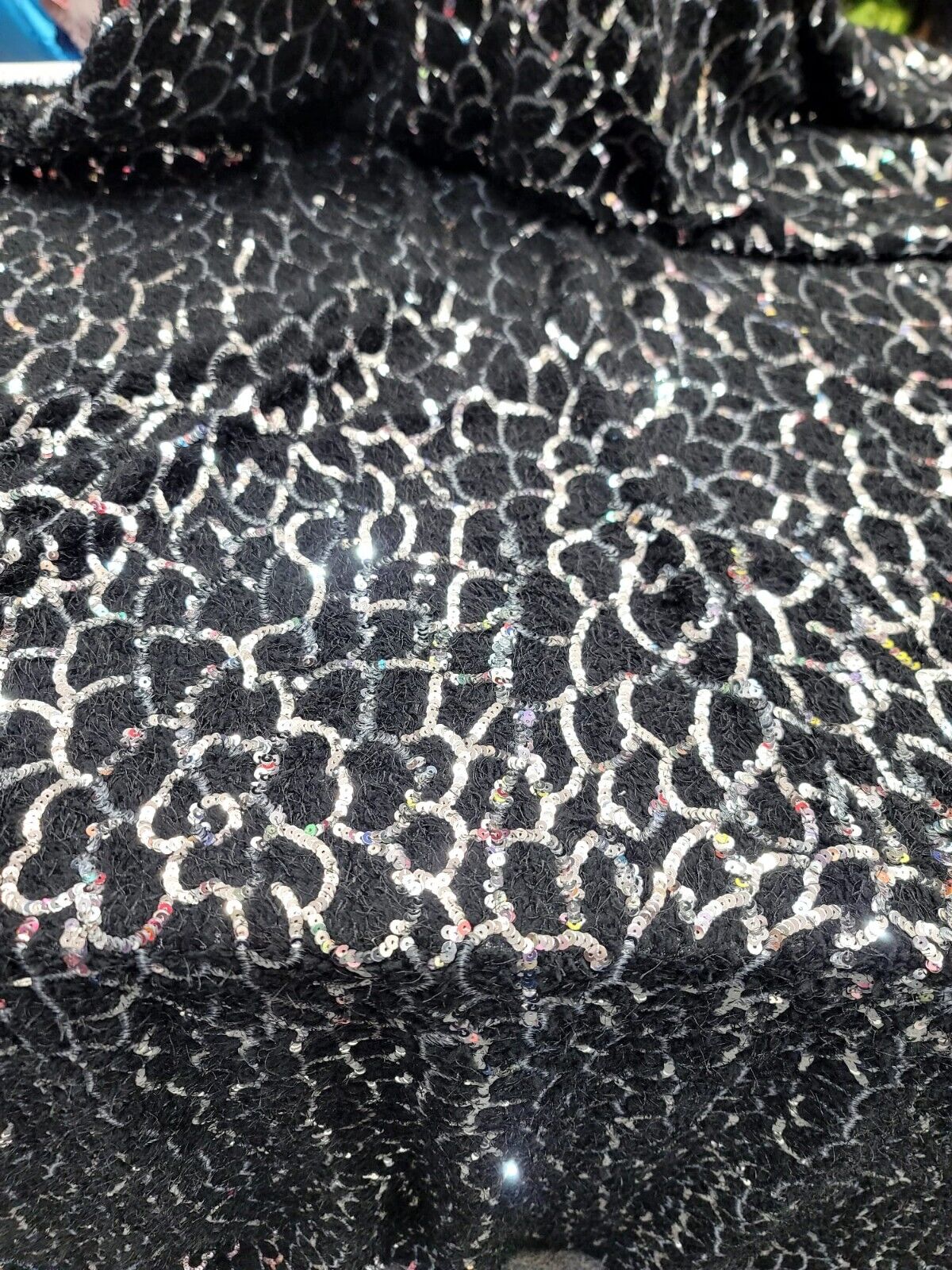 Shaggy Faux Fur Black Silver Sequin Design Stretch Fabric - Sold By The Yard