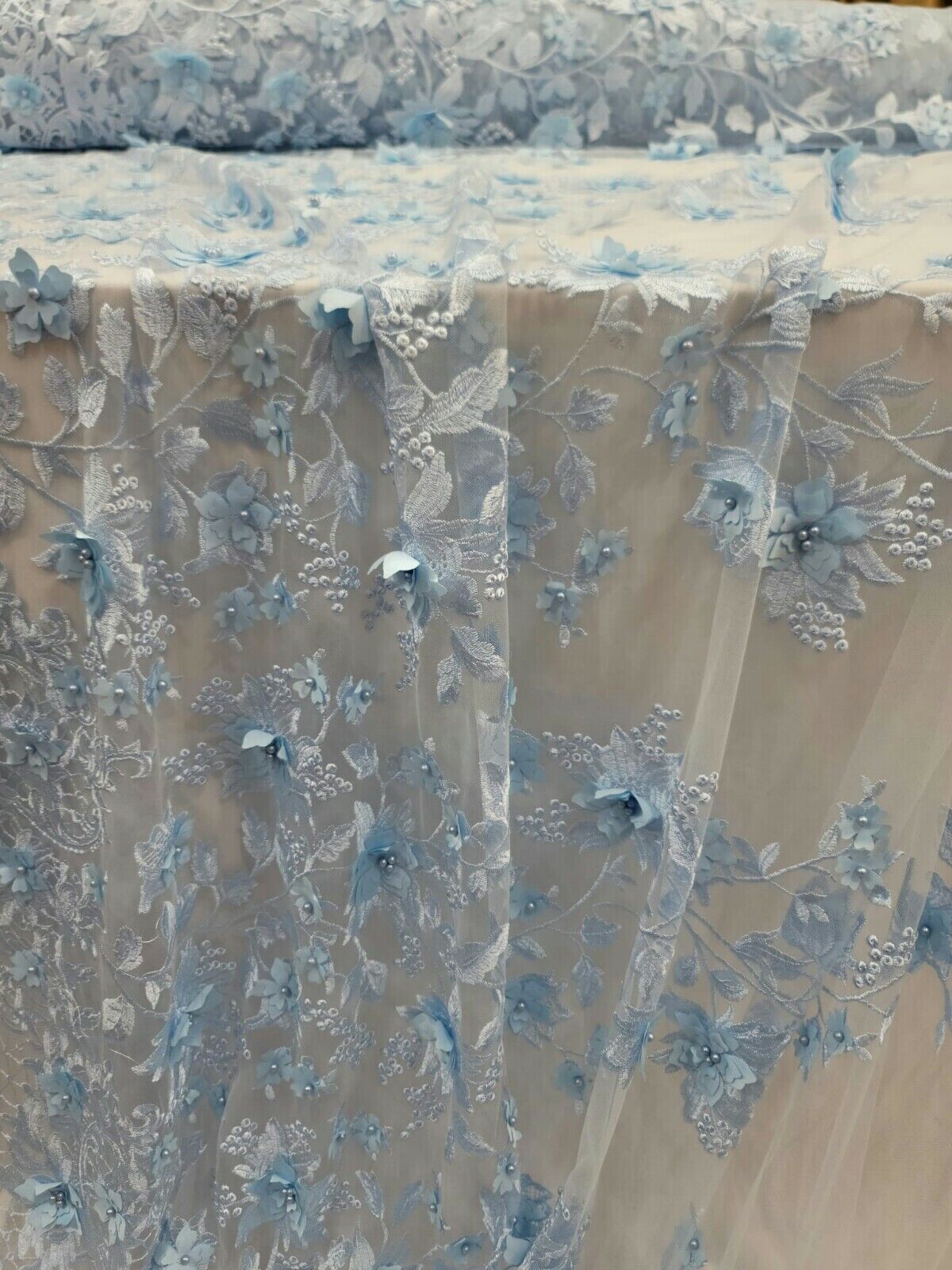 Sky Blue Lace 3D Floral Flowers Prom Fabric - Sold by the Yard for Quinceañera Bridal