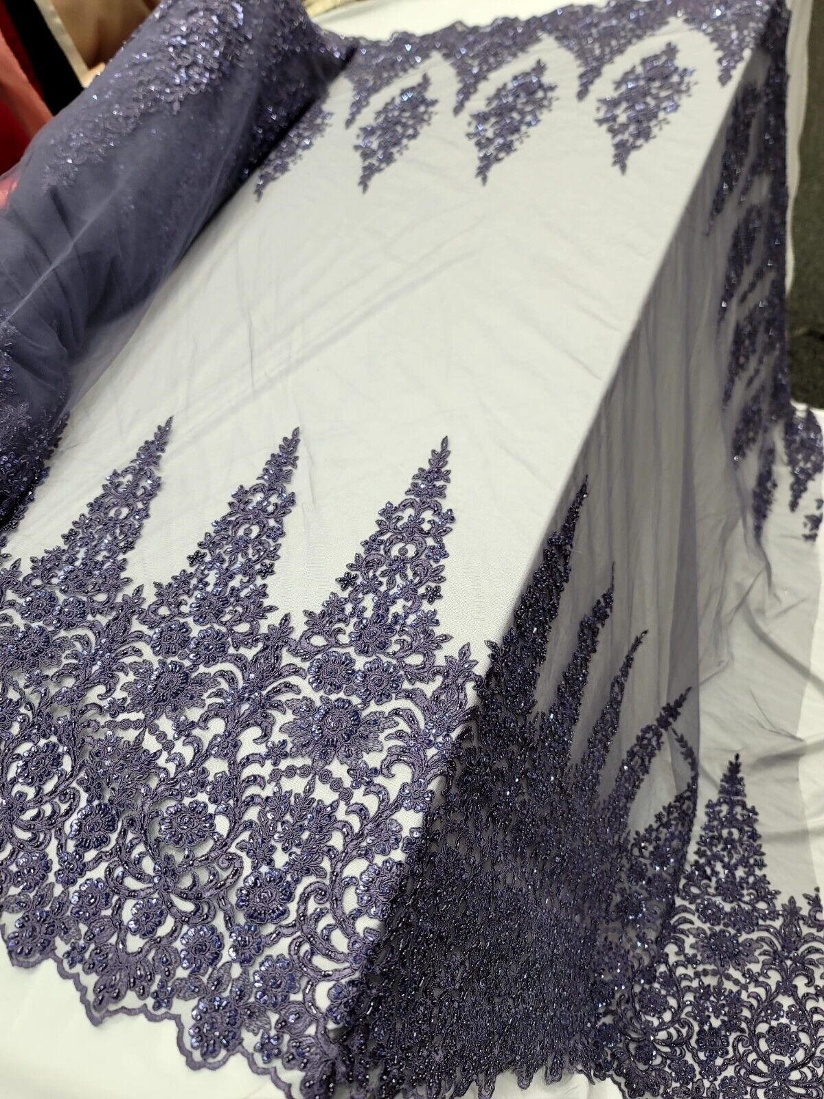 Purple Lace Fabric By The Yard Floral Flower Embroidered Beaded Violet Edges